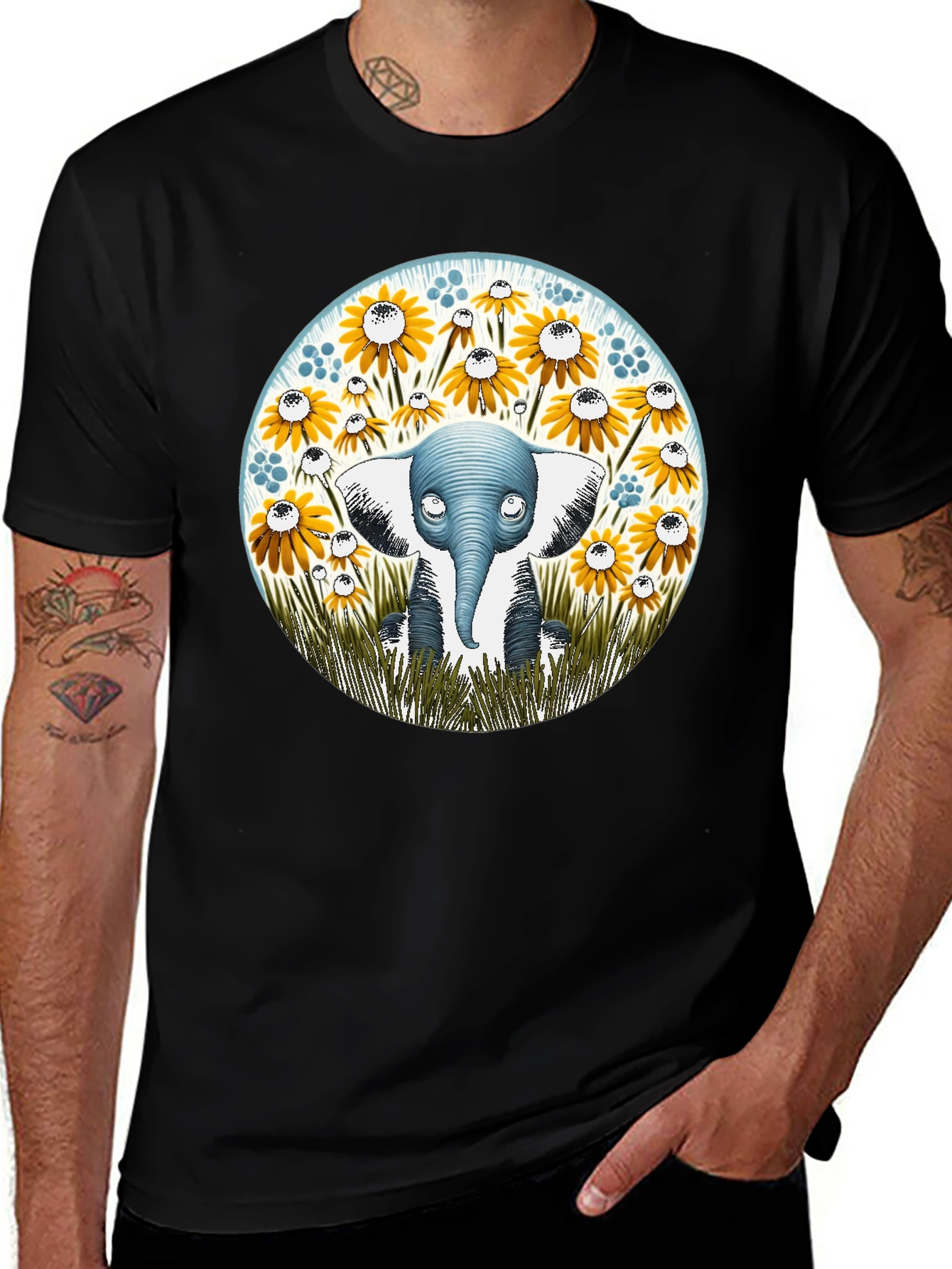 Elephant & Sunflower Graphic Tee - Whimsical Comfort