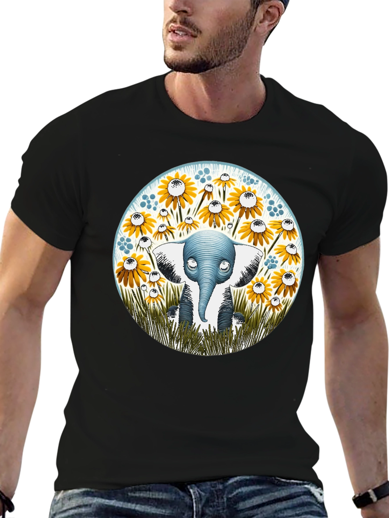 Elephant & Sunflower Graphic Tee - Whimsical Comfort