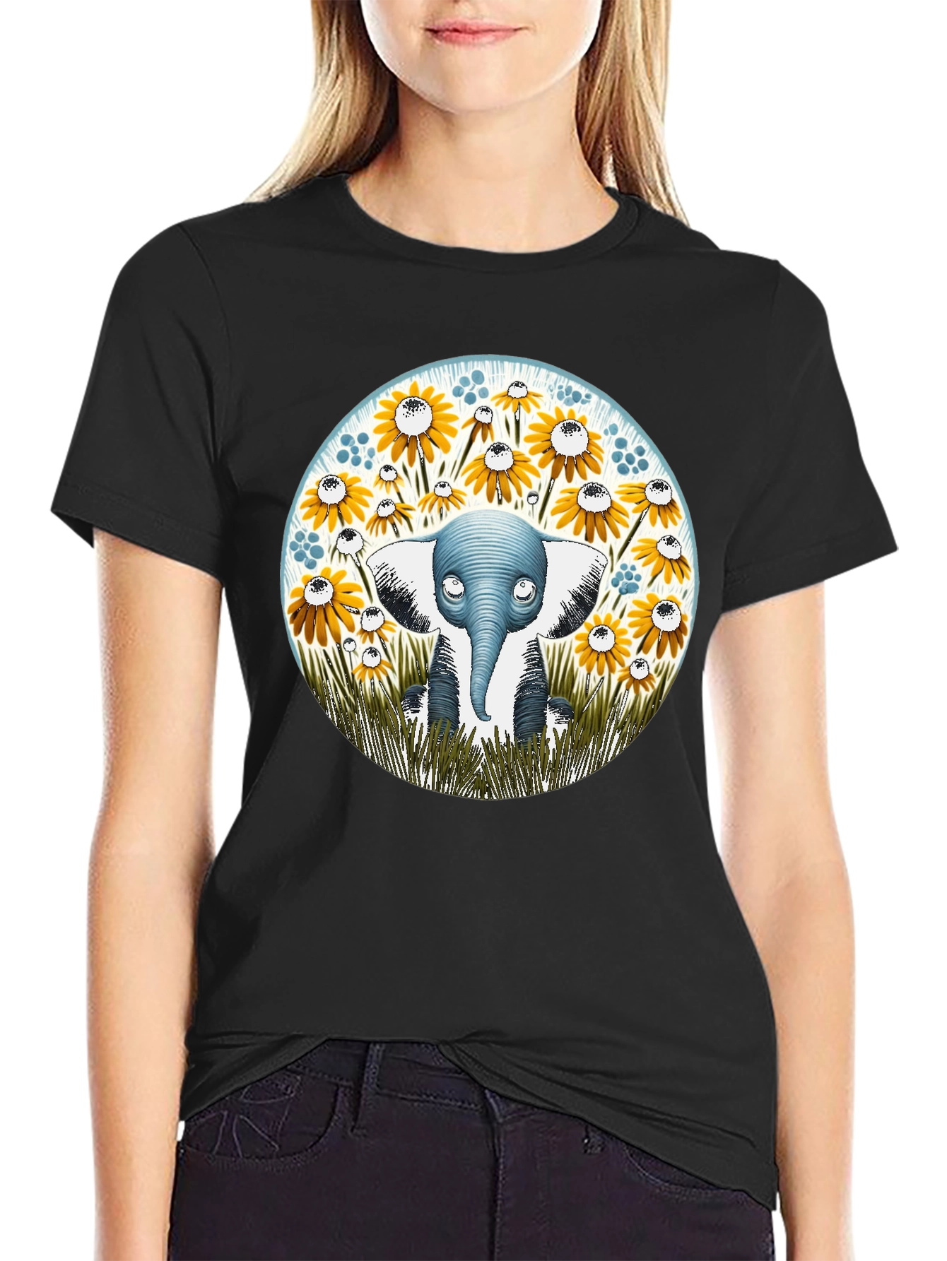 Elephant & Sunflower Graphic Tee - Whimsical Comfort