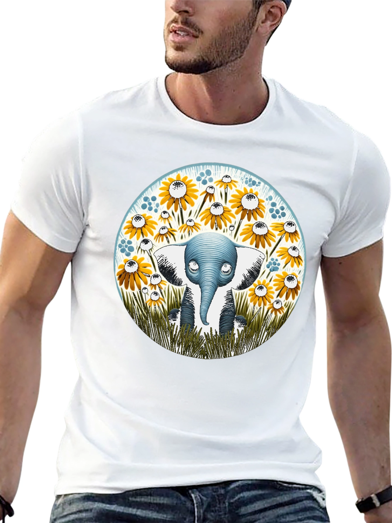 Elephant & Sunflower Graphic Tee - Whimsical Comfort