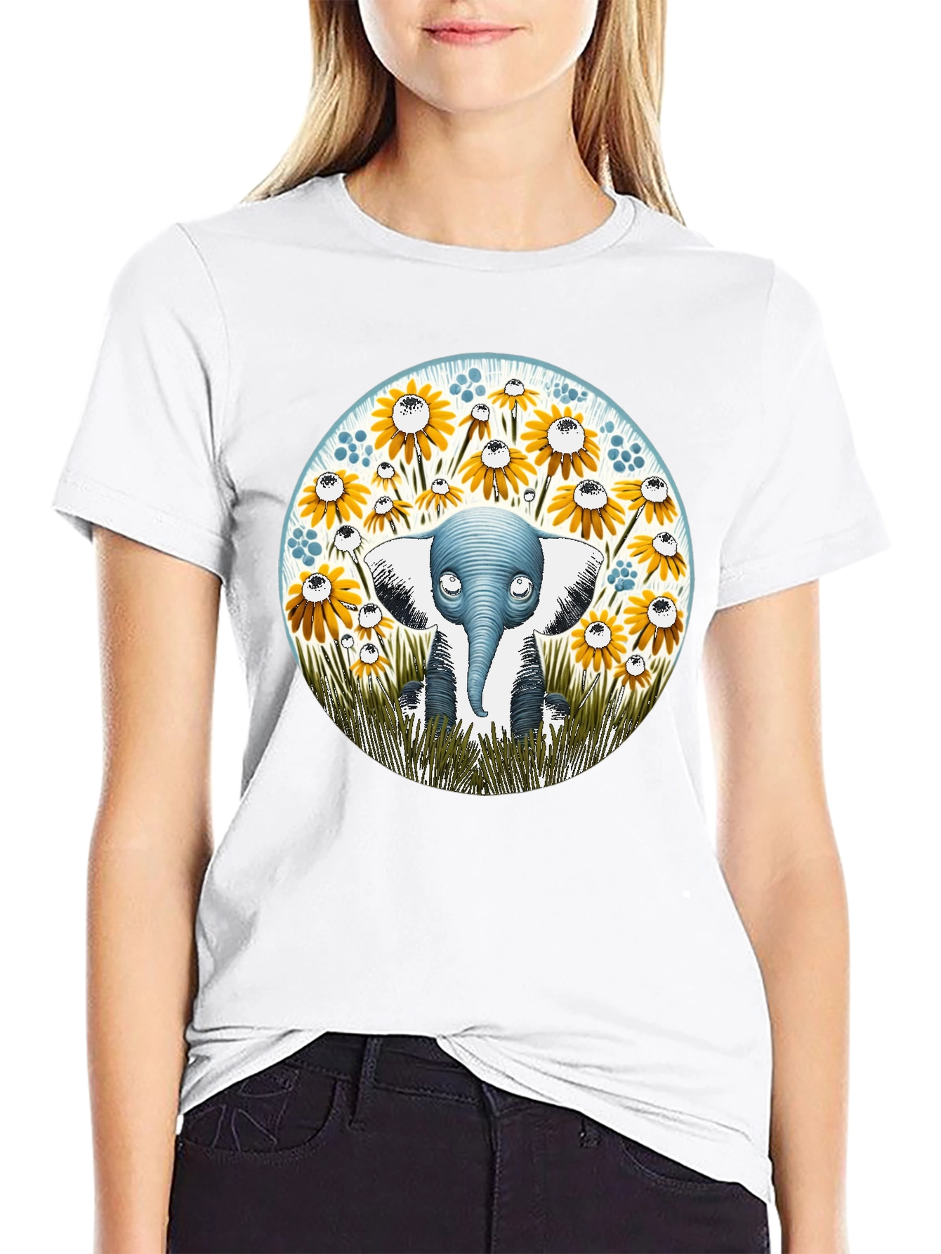 Elephant & Sunflower Graphic Tee - Whimsical Comfort
