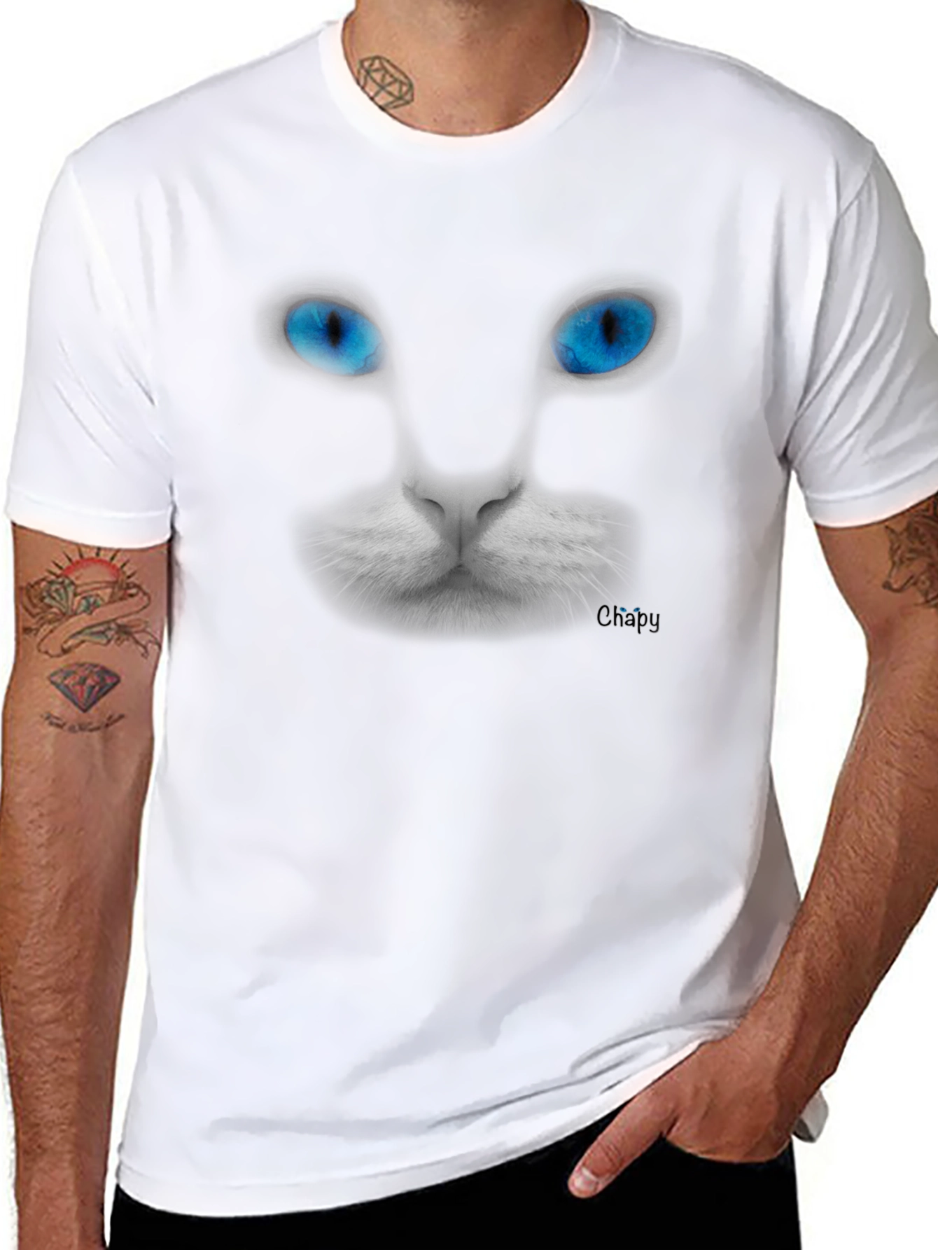 Blue-Eyed Cat Graphic Tee - Mens Black T-Shirt