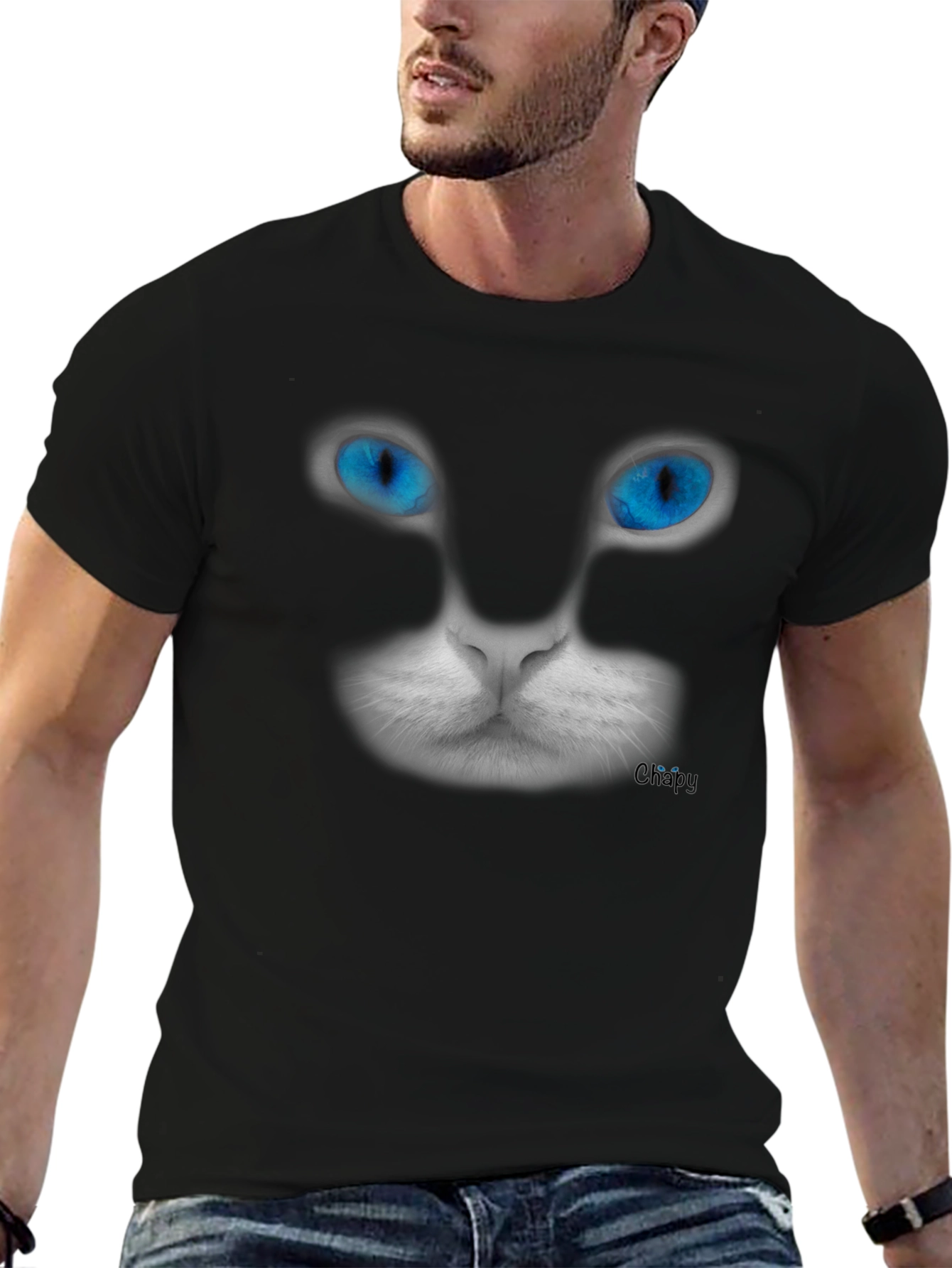 Blue-Eyed Cat Graphic Tee - Mens Black T-Shirt