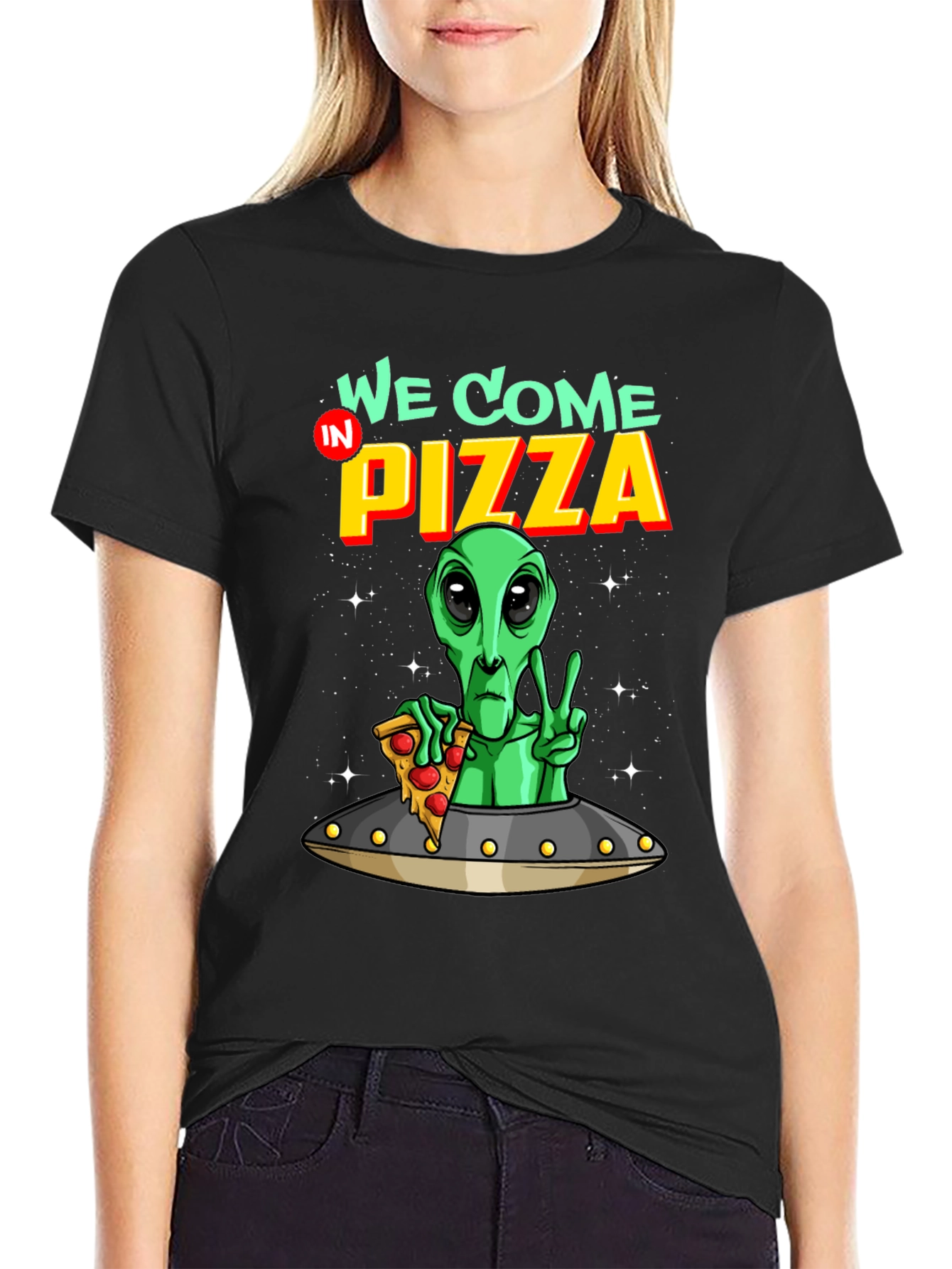 Alien Pizza T-Shirt Funny Sci-Fi Graphic Tee