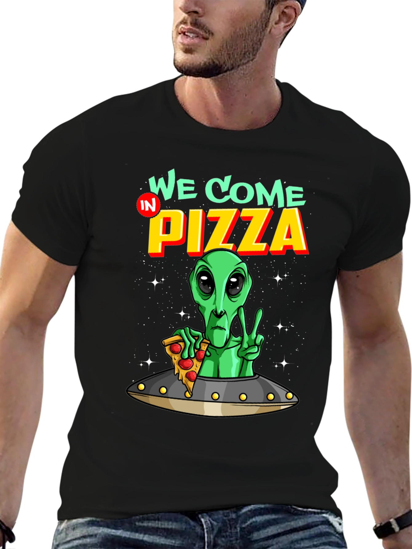 Alien Pizza T-Shirt Funny Sci-Fi Graphic Tee