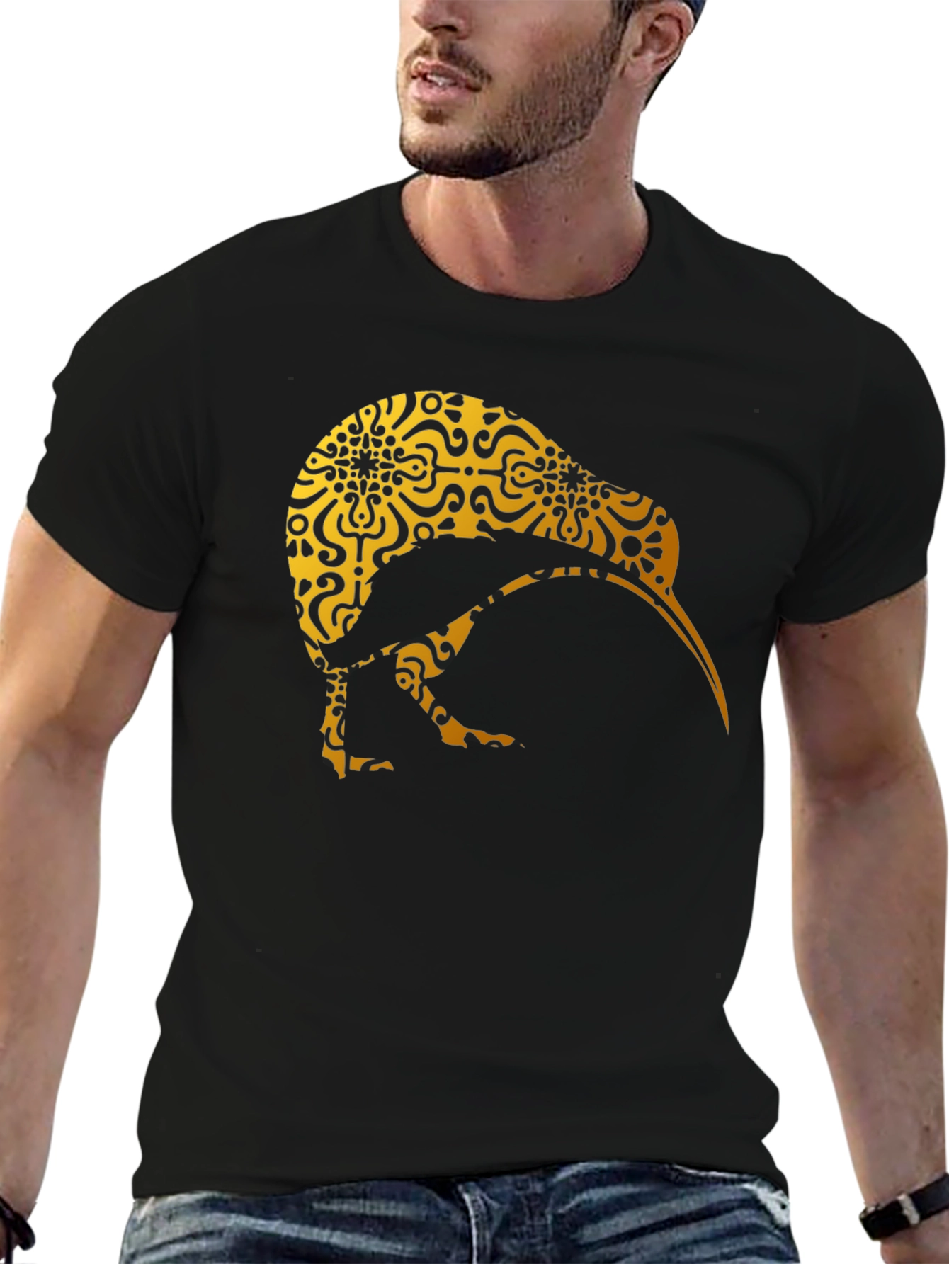 Kiwi Bird Patterned T-Shirt - Unique Gold Design