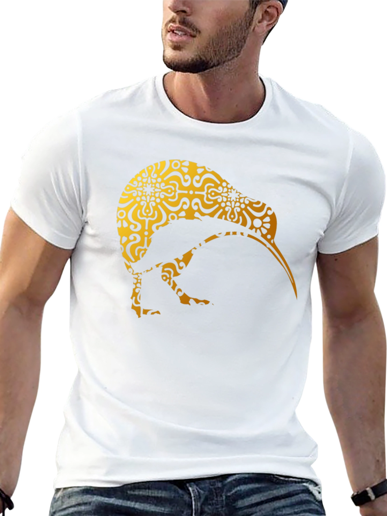Kiwi Bird Patterned T-Shirt - Unique Gold Design