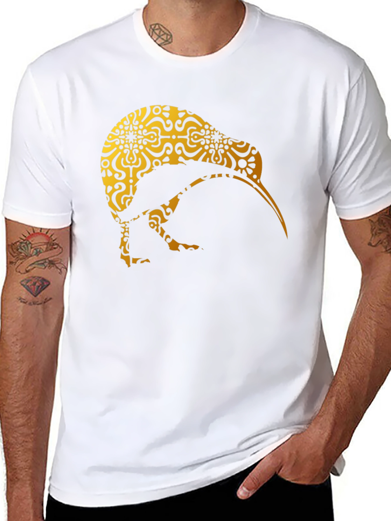 Kiwi Bird Patterned T-Shirt - Unique Gold Design