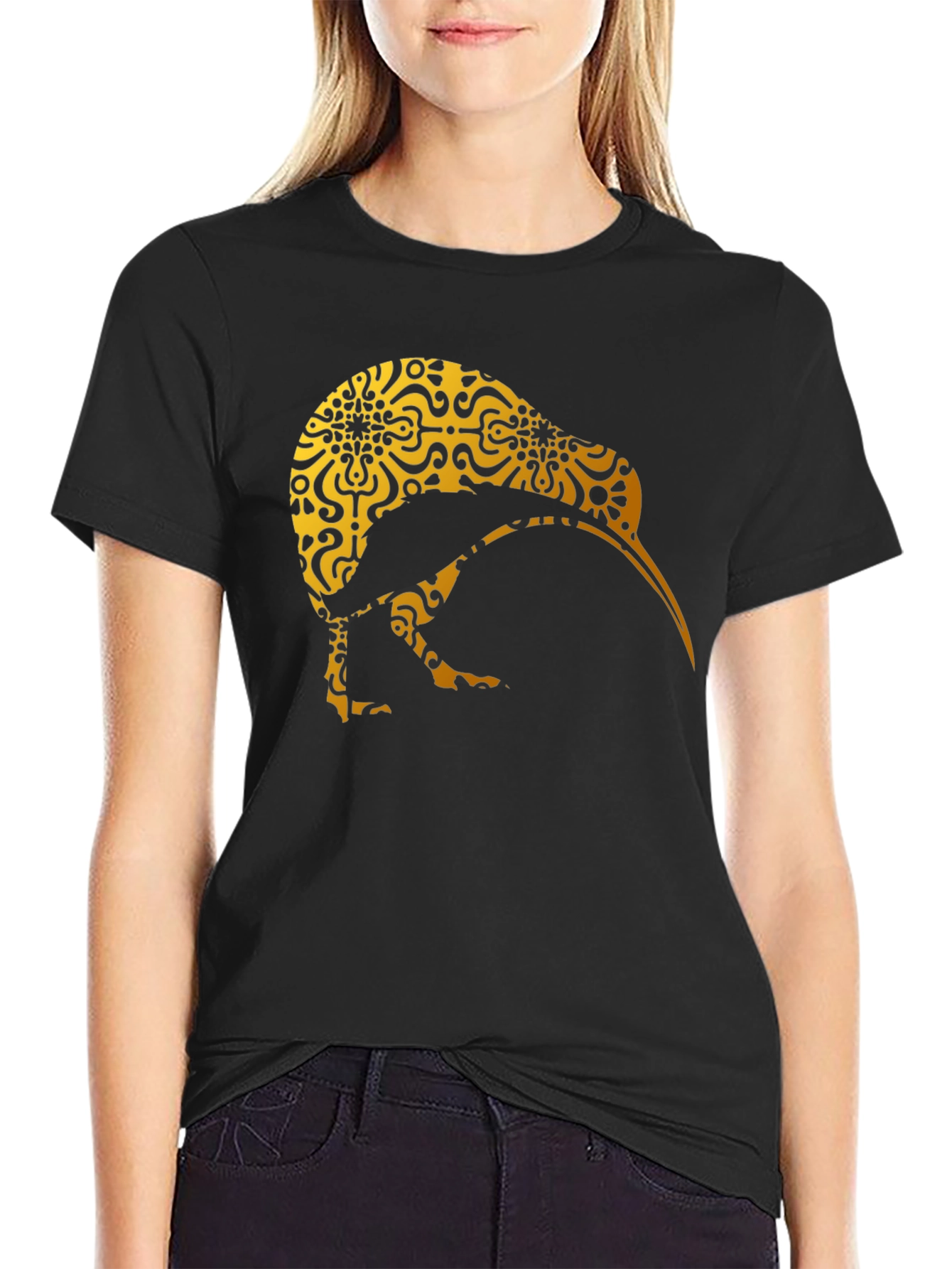 Kiwi Bird Patterned T-Shirt - Unique Gold Design
