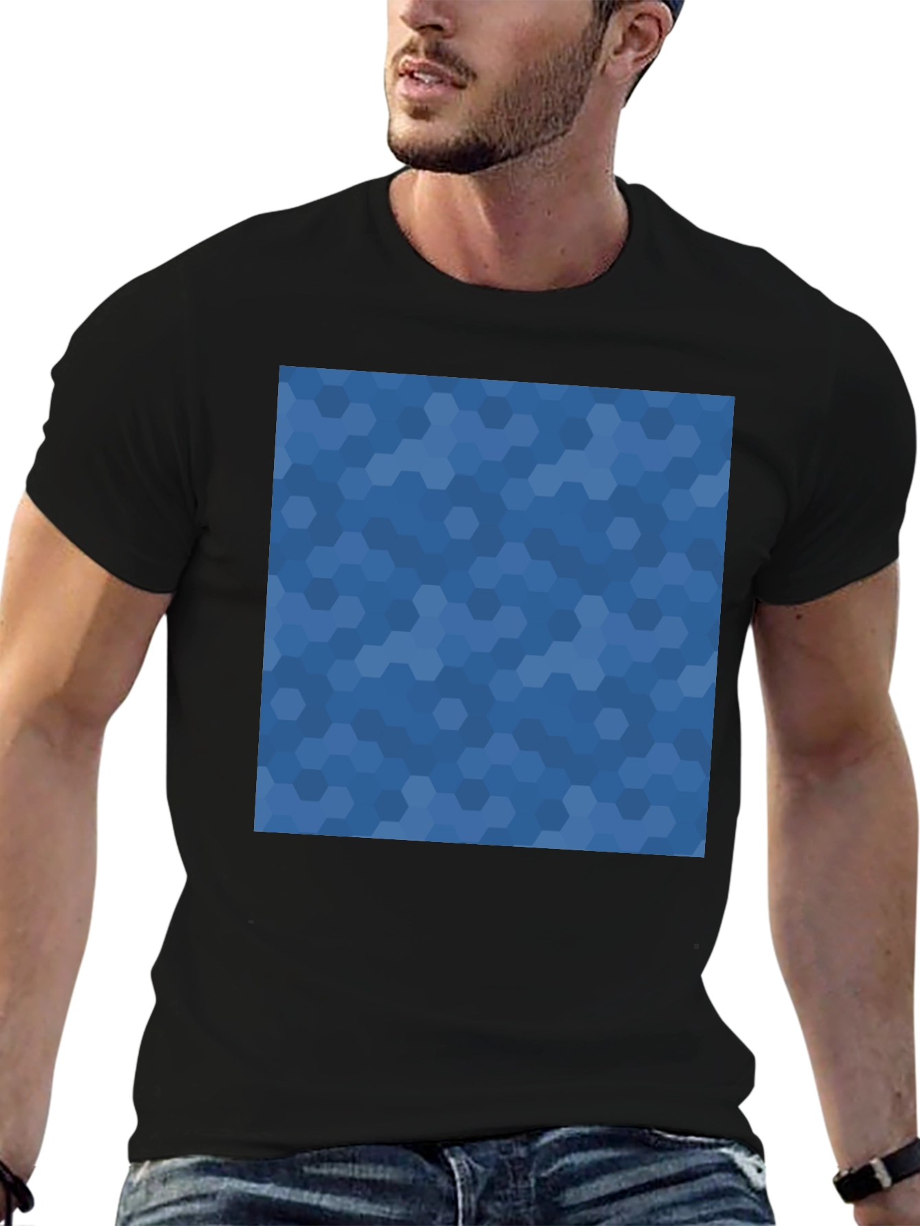 Mens Black Tee - Blue Hexagon Print