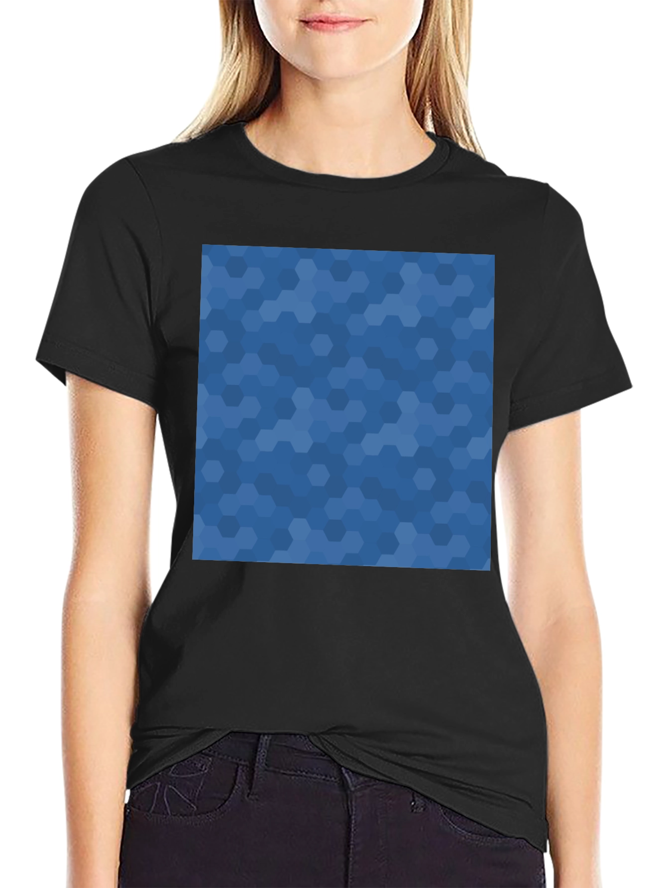 Mens Black Tee - Blue Hexagon Print