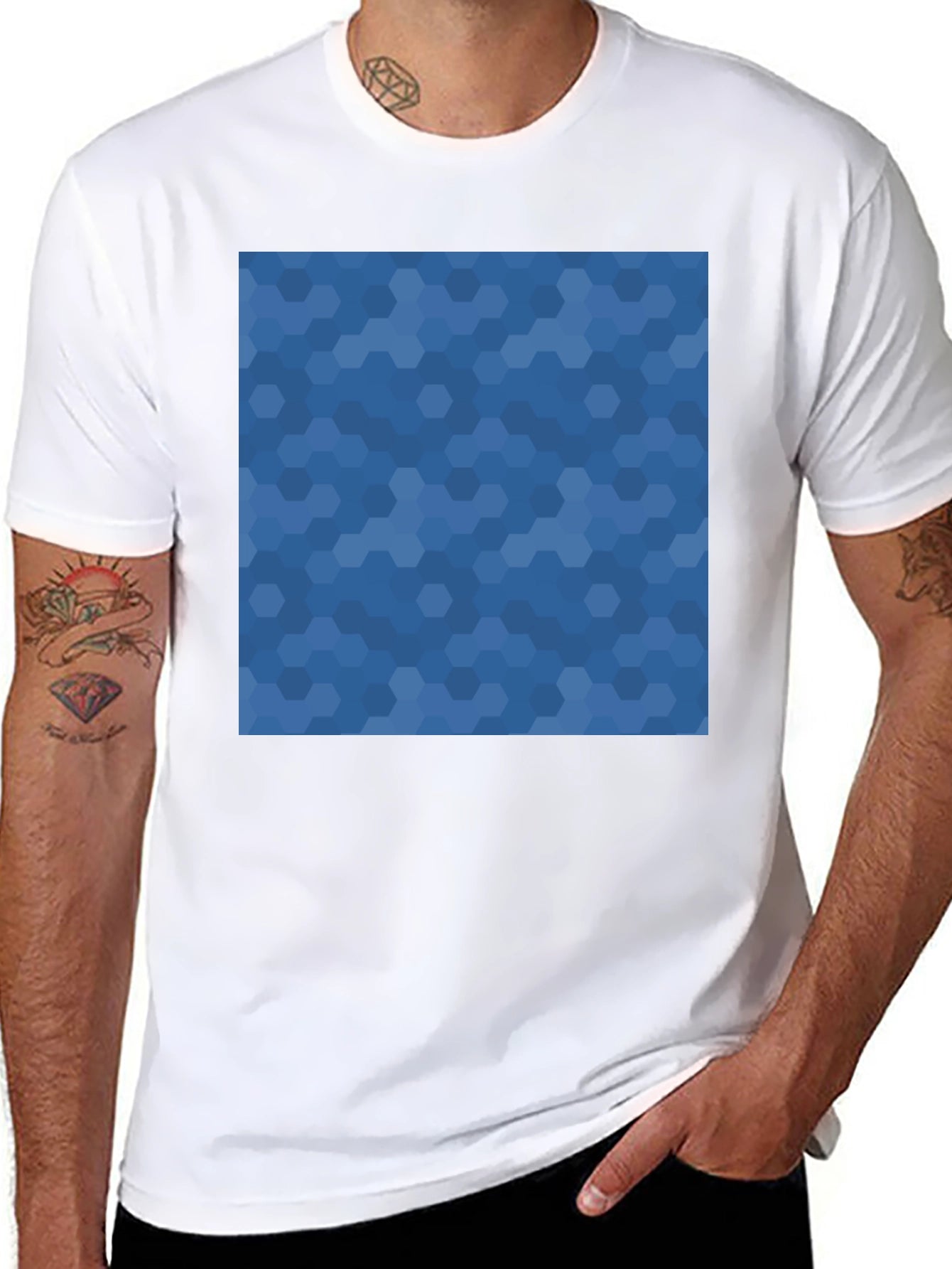 Mens Black Tee - Blue Hexagon Print