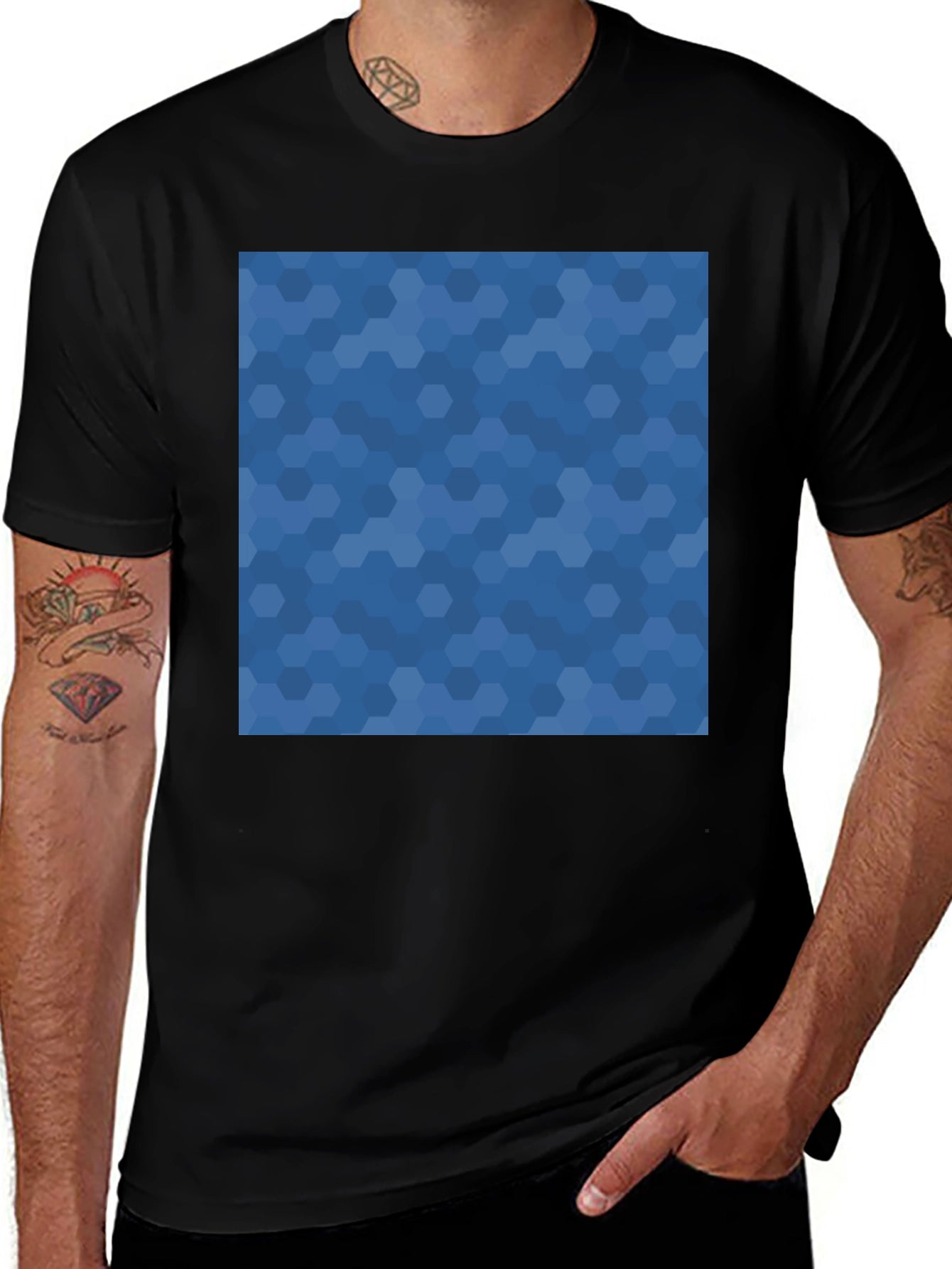 Mens Black Tee - Blue Hexagon Print