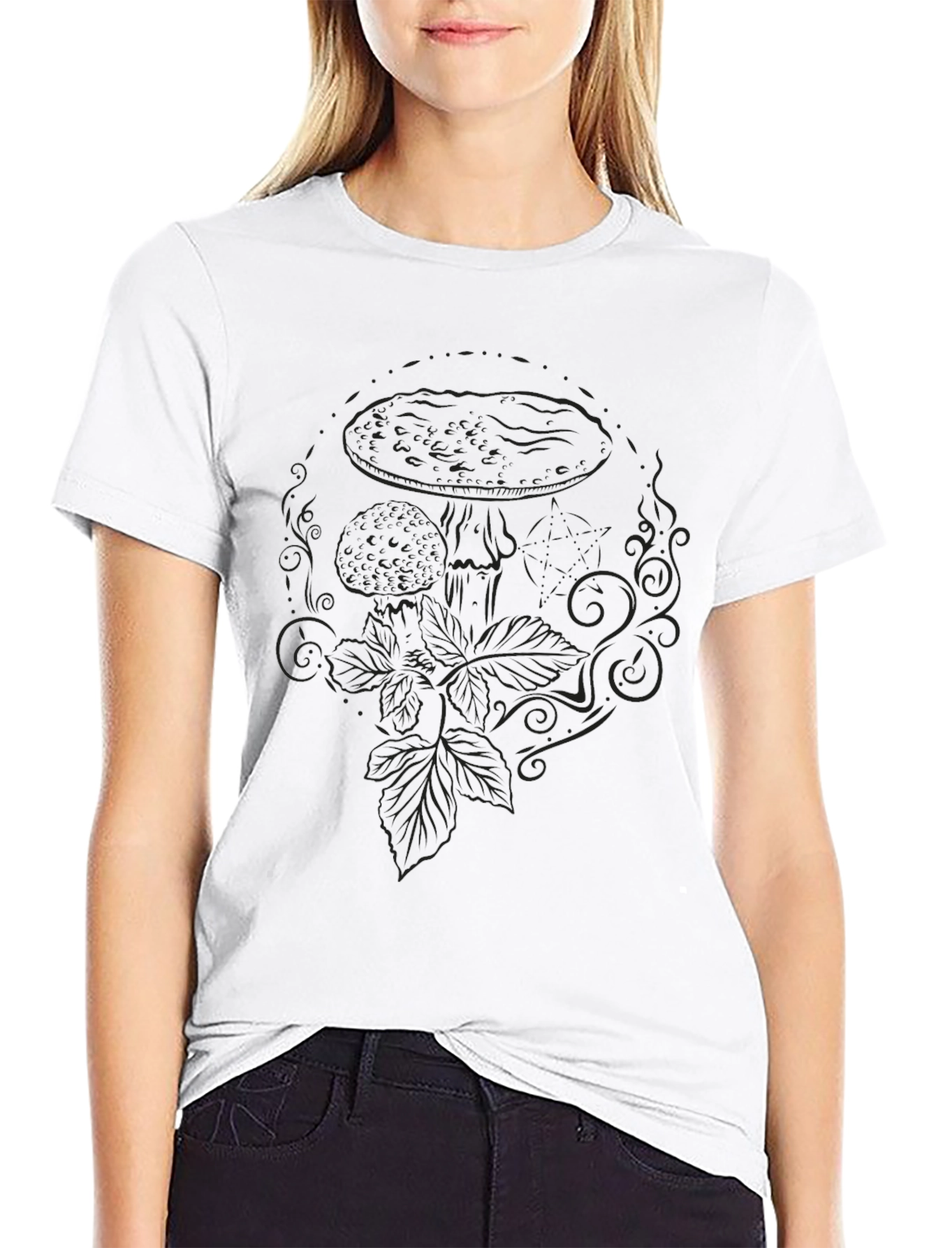 Mens Black Graphic Tee - Mushroom Design