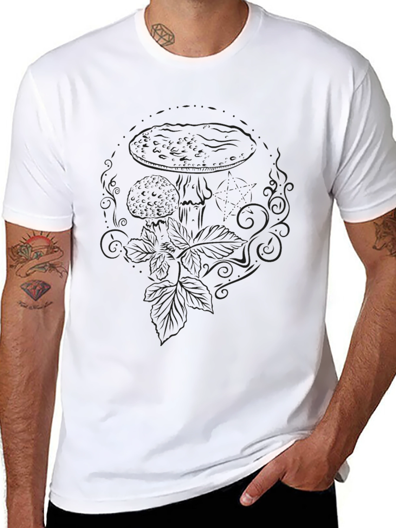 Mens Black Graphic Tee - Mushroom Design