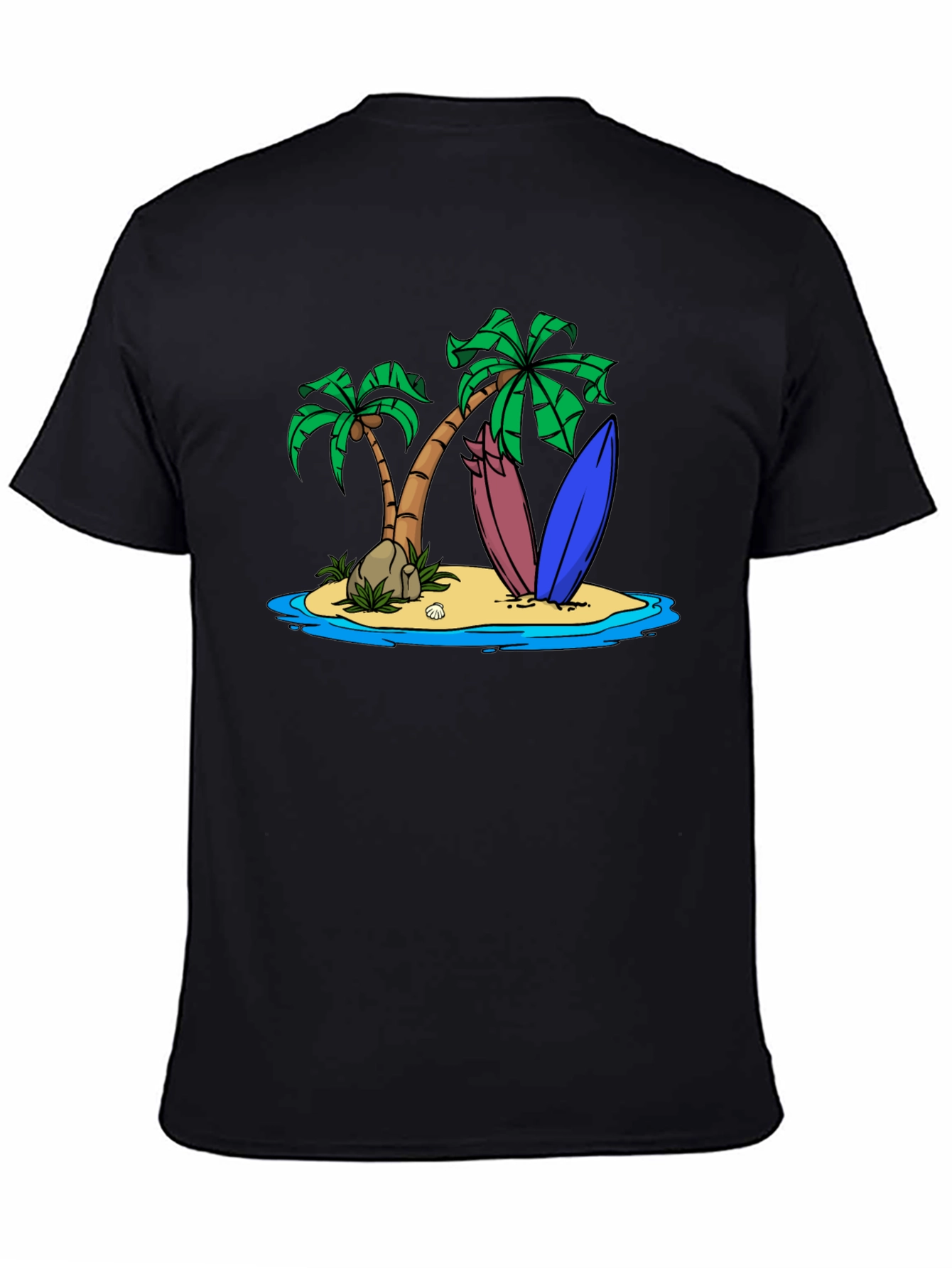 Island Surfboard Graphic Tee - Black Cotton T-Shirt
