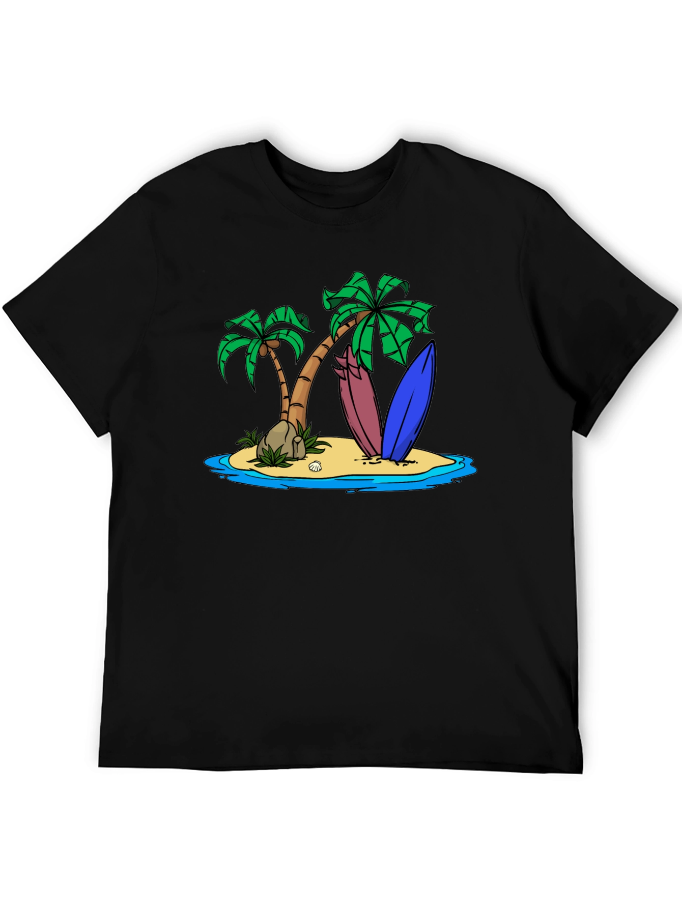 Island Surfboard Graphic Tee - Black Cotton T-Shirt