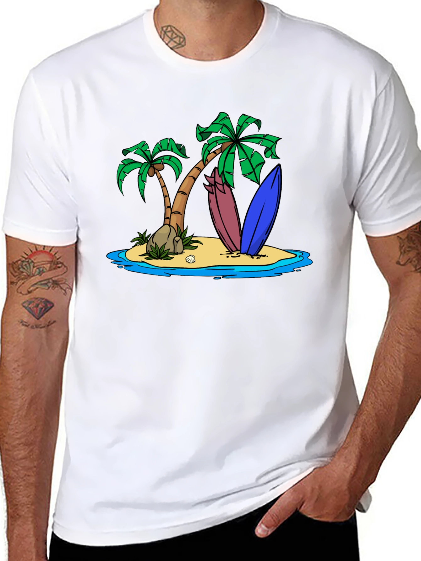 Island Surfboard Graphic Tee - Black Cotton T-Shirt