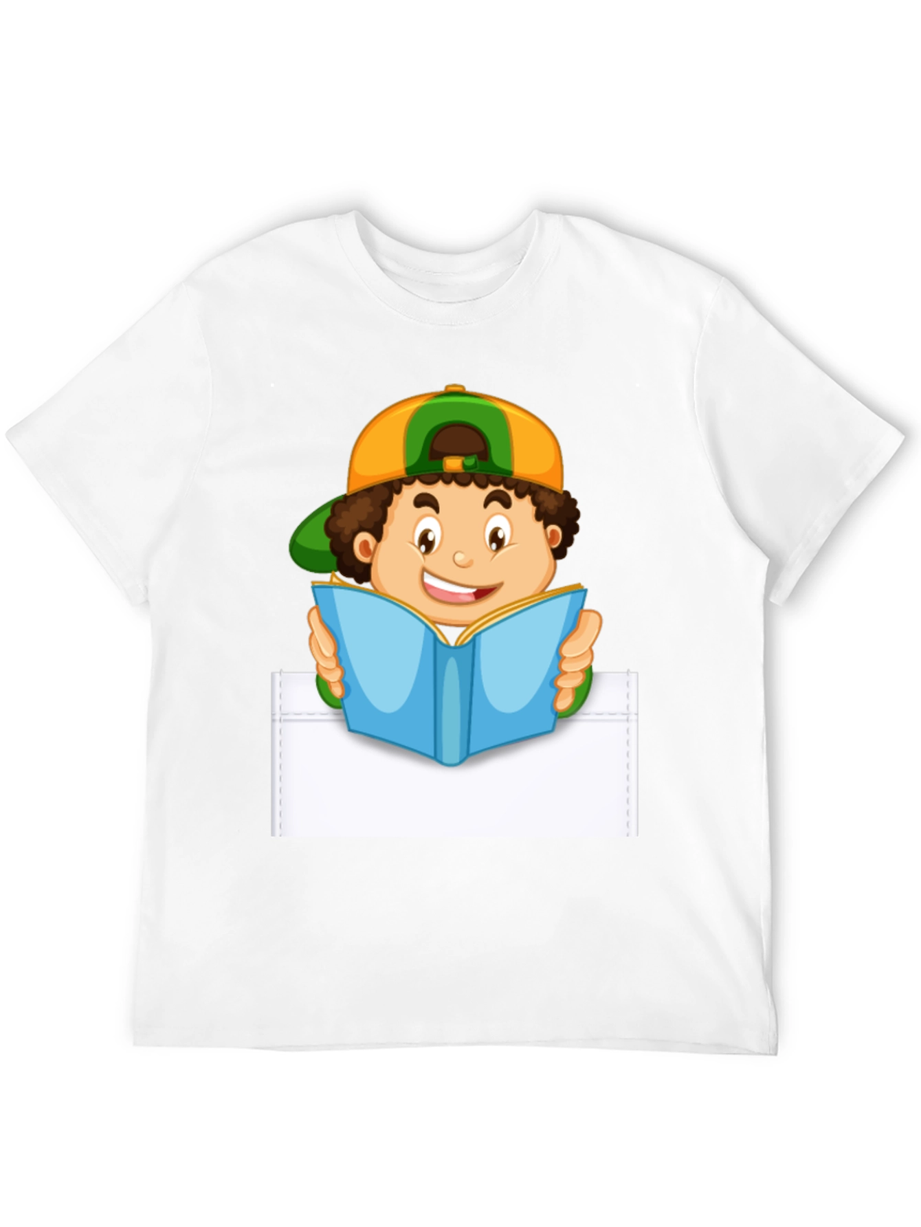 Cartoon Boy Reading Pocket T-Shirt - Novelty Graphic Tee