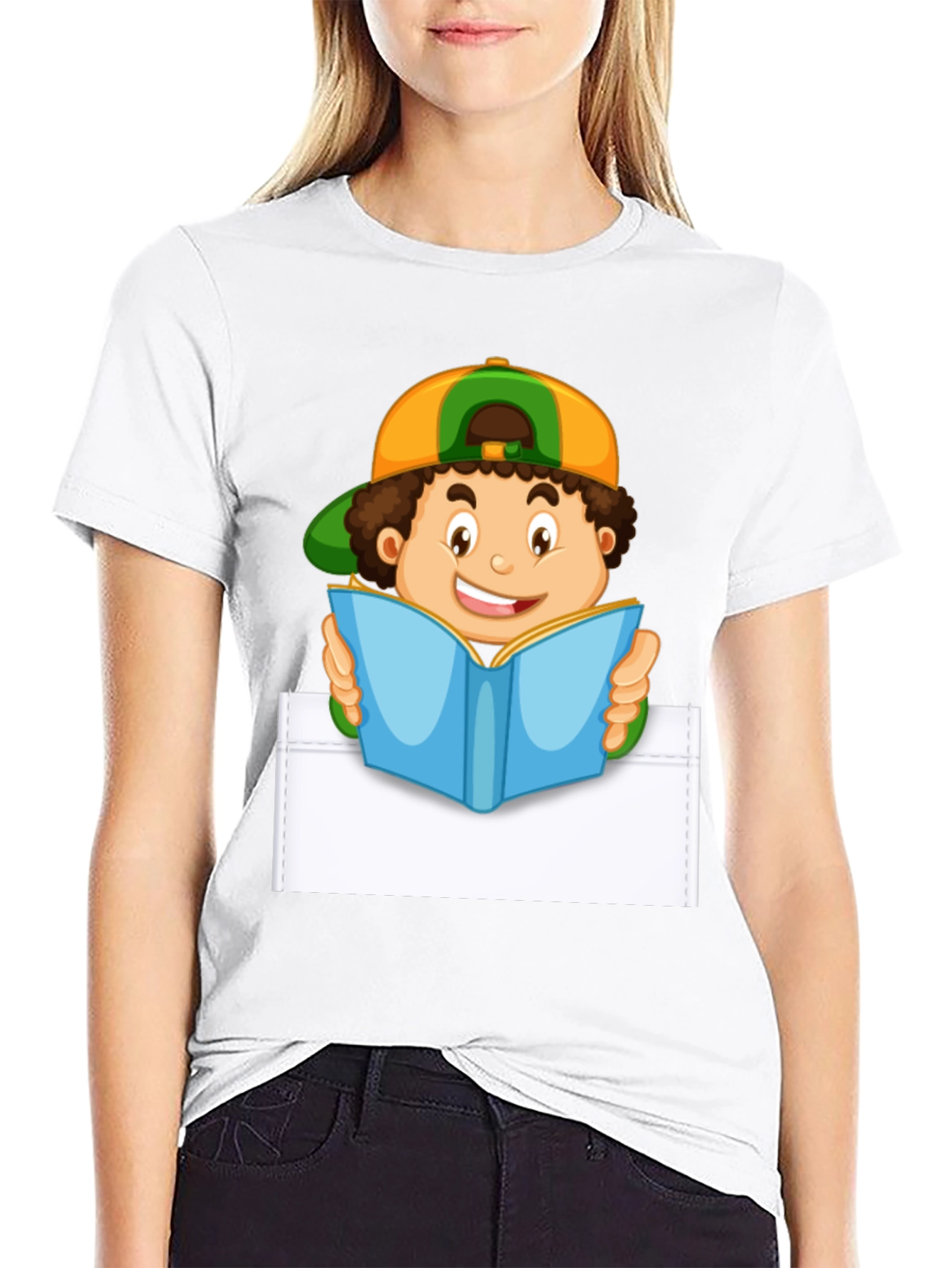 Cartoon Boy Reading Pocket T-Shirt - Novelty Graphic Tee