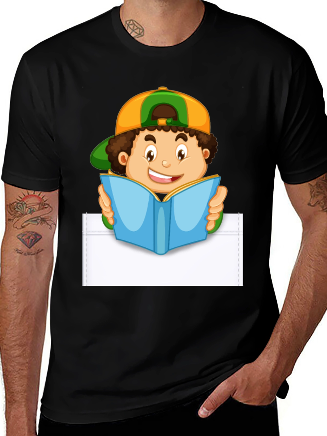 Cartoon Boy Reading Pocket T-Shirt - Novelty Graphic Tee