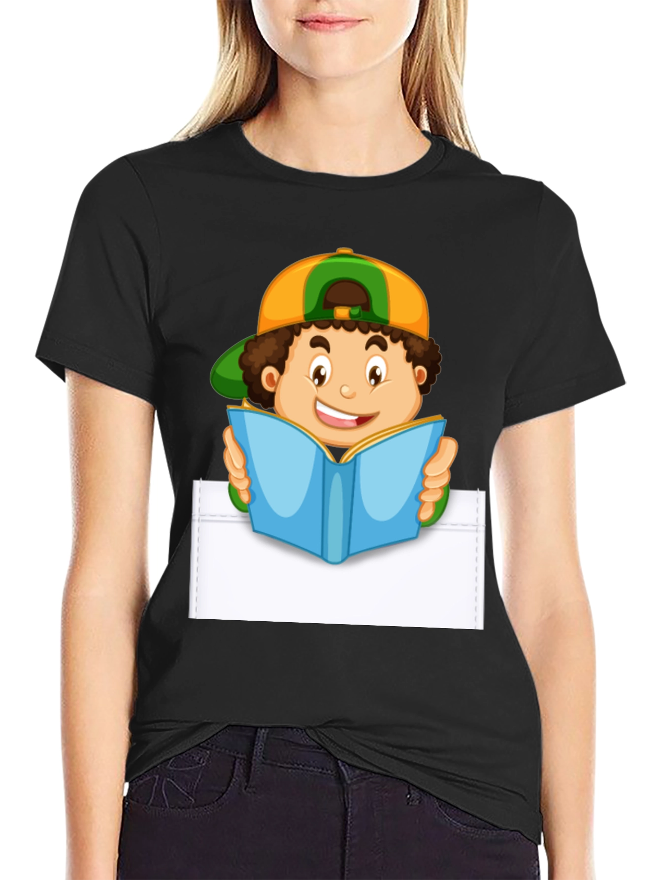 Cartoon Boy Reading Pocket T-Shirt - Novelty Graphic Tee