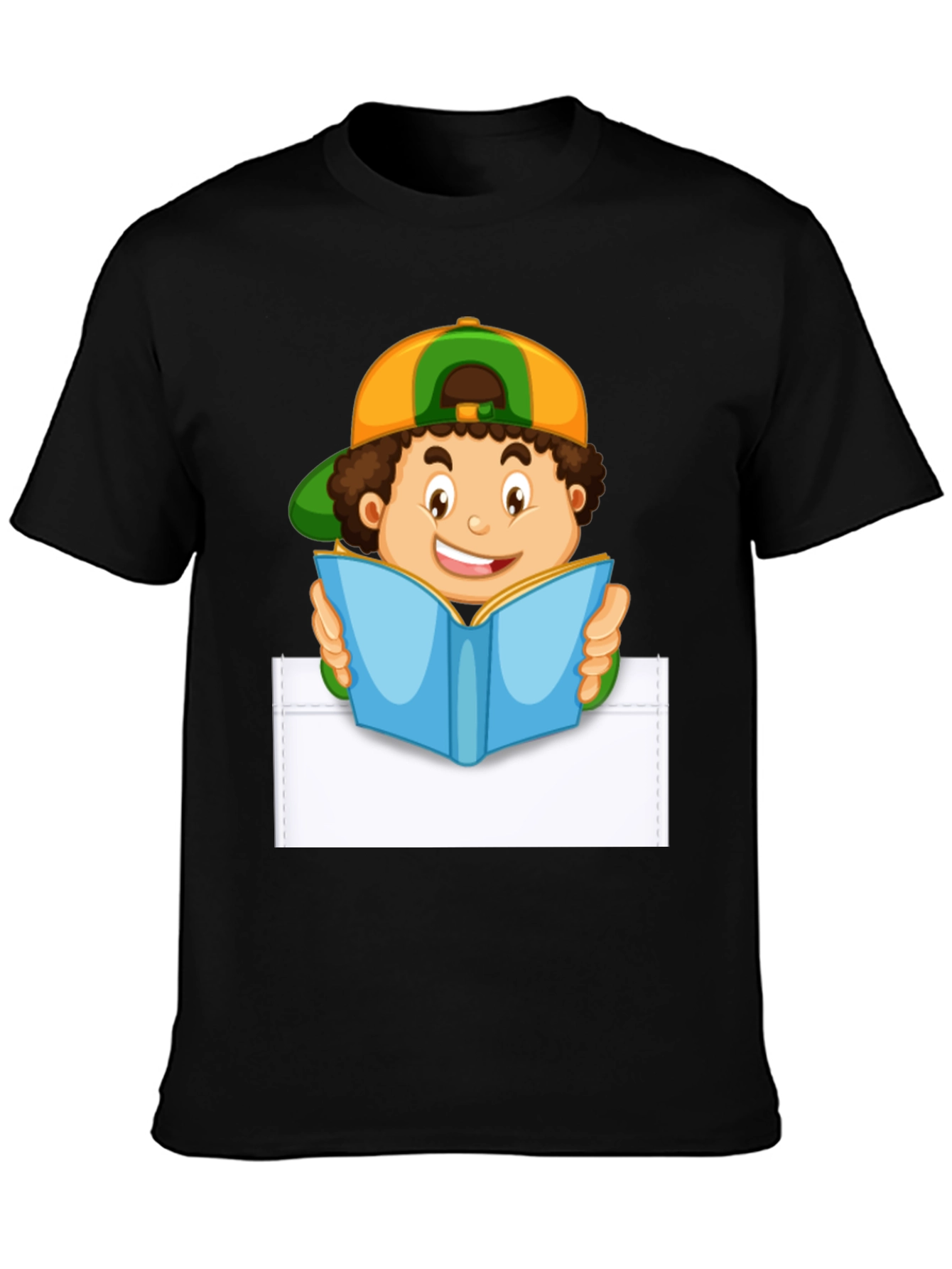 Cartoon Boy Reading Pocket T-Shirt - Novelty Graphic Tee
