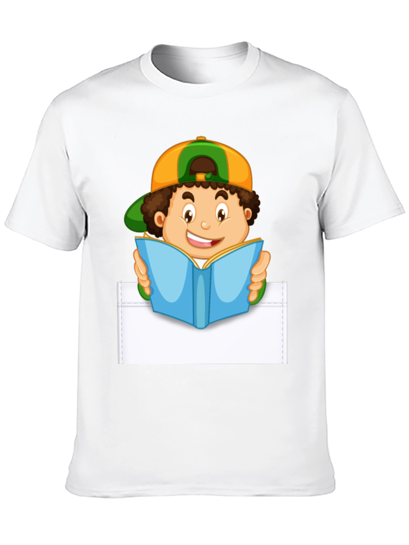 Cartoon Boy Reading Pocket T-Shirt - Novelty Graphic Tee