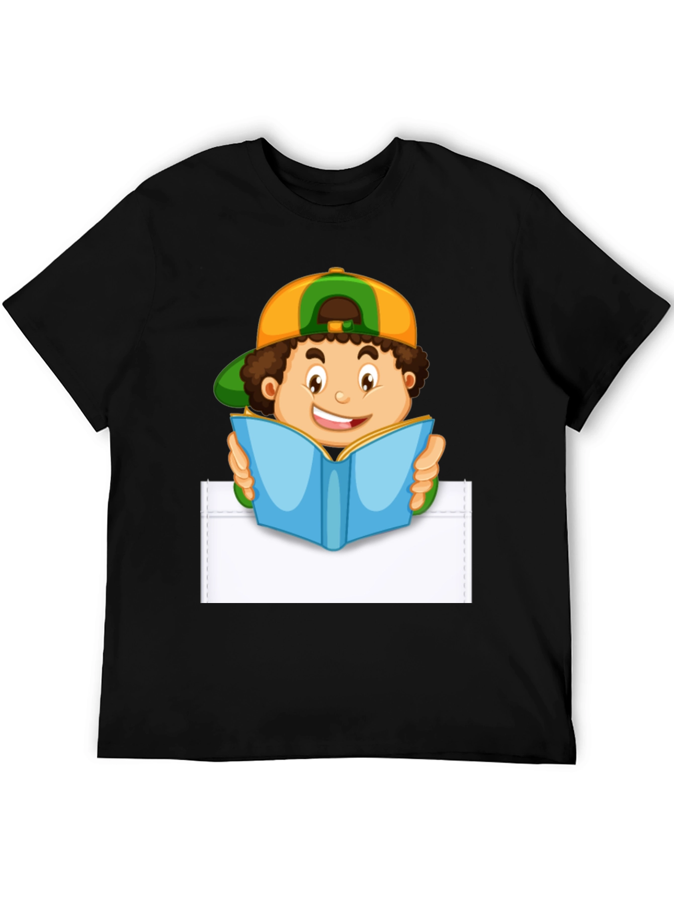 Cartoon Boy Reading Pocket T-Shirt - Novelty Graphic Tee