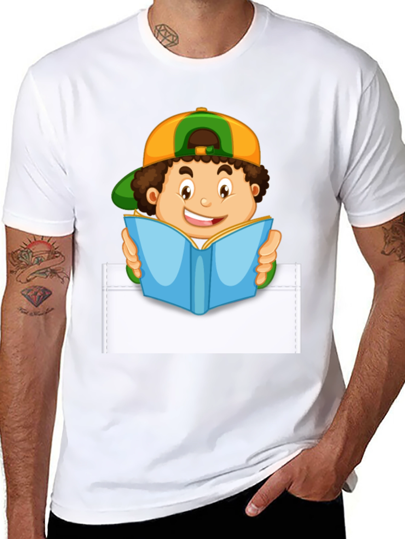 Cartoon Boy Reading Pocket T-Shirt - Novelty Graphic Tee