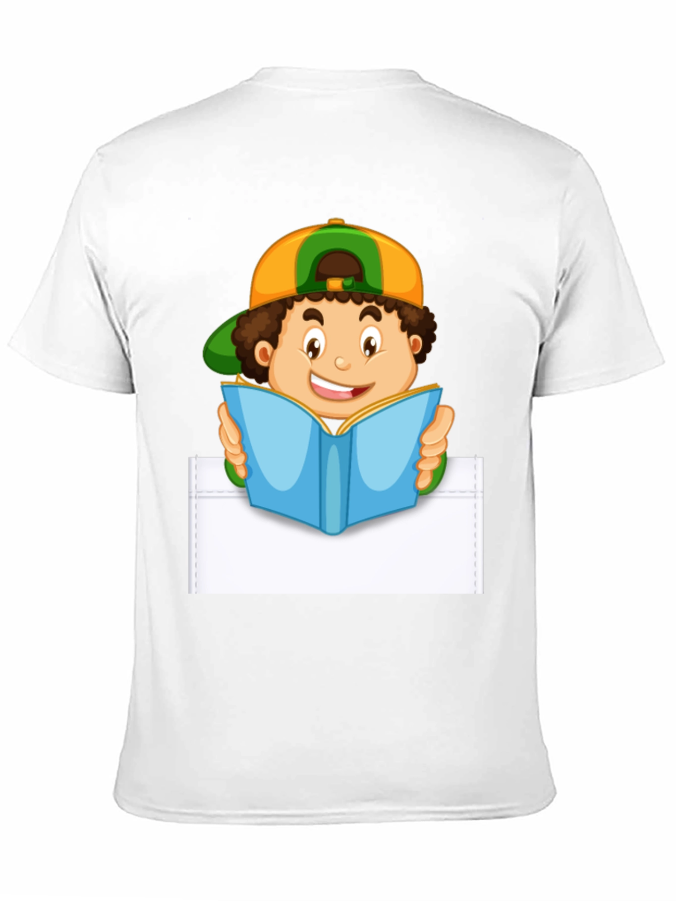 Cartoon Boy Reading Pocket T-Shirt - Novelty Graphic Tee