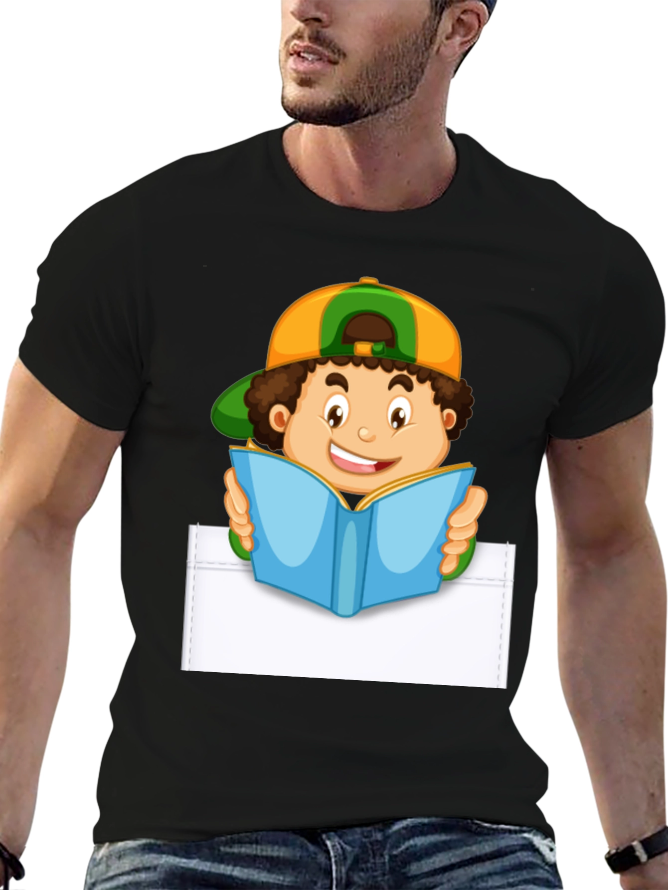 Cartoon Boy Reading Pocket T-Shirt - Novelty Graphic Tee