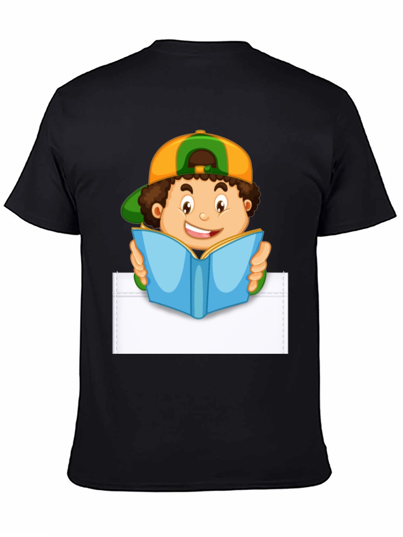 Cartoon Boy Reading Pocket T-Shirt - Novelty Graphic Tee