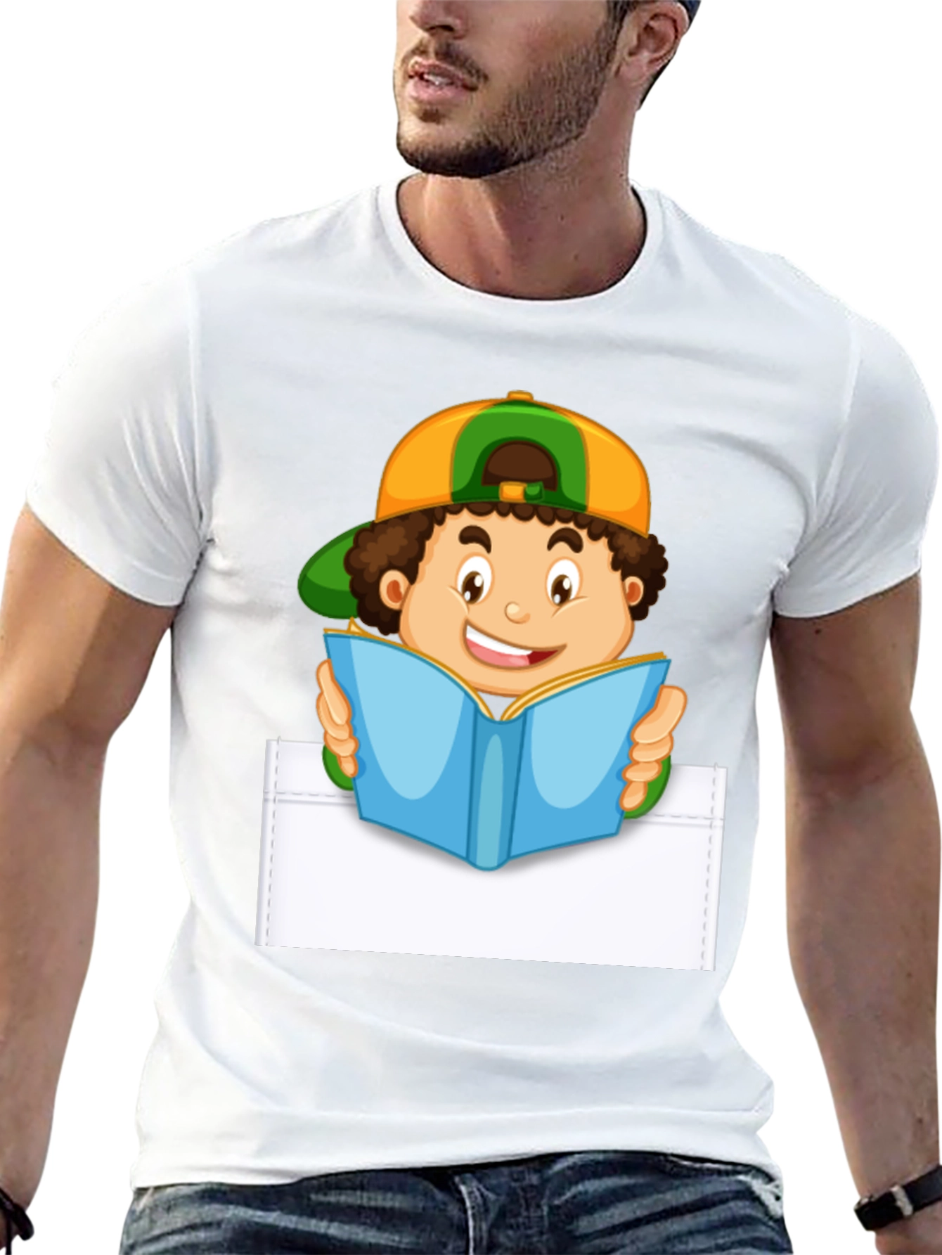 Cartoon Boy Reading Pocket T-Shirt - Novelty Graphic Tee