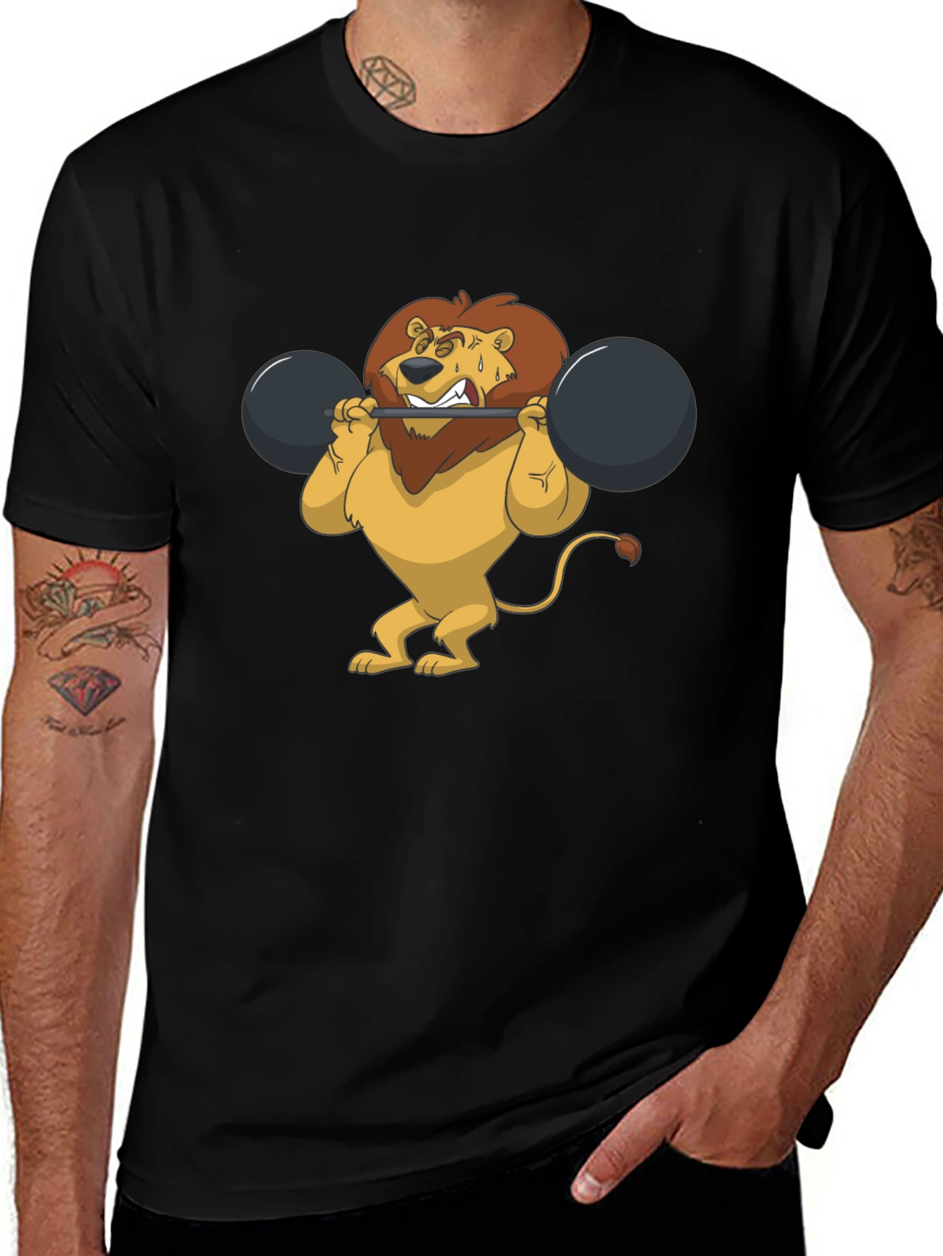 Lion Lifting Weights Graphic Tee - Black T-Shirt