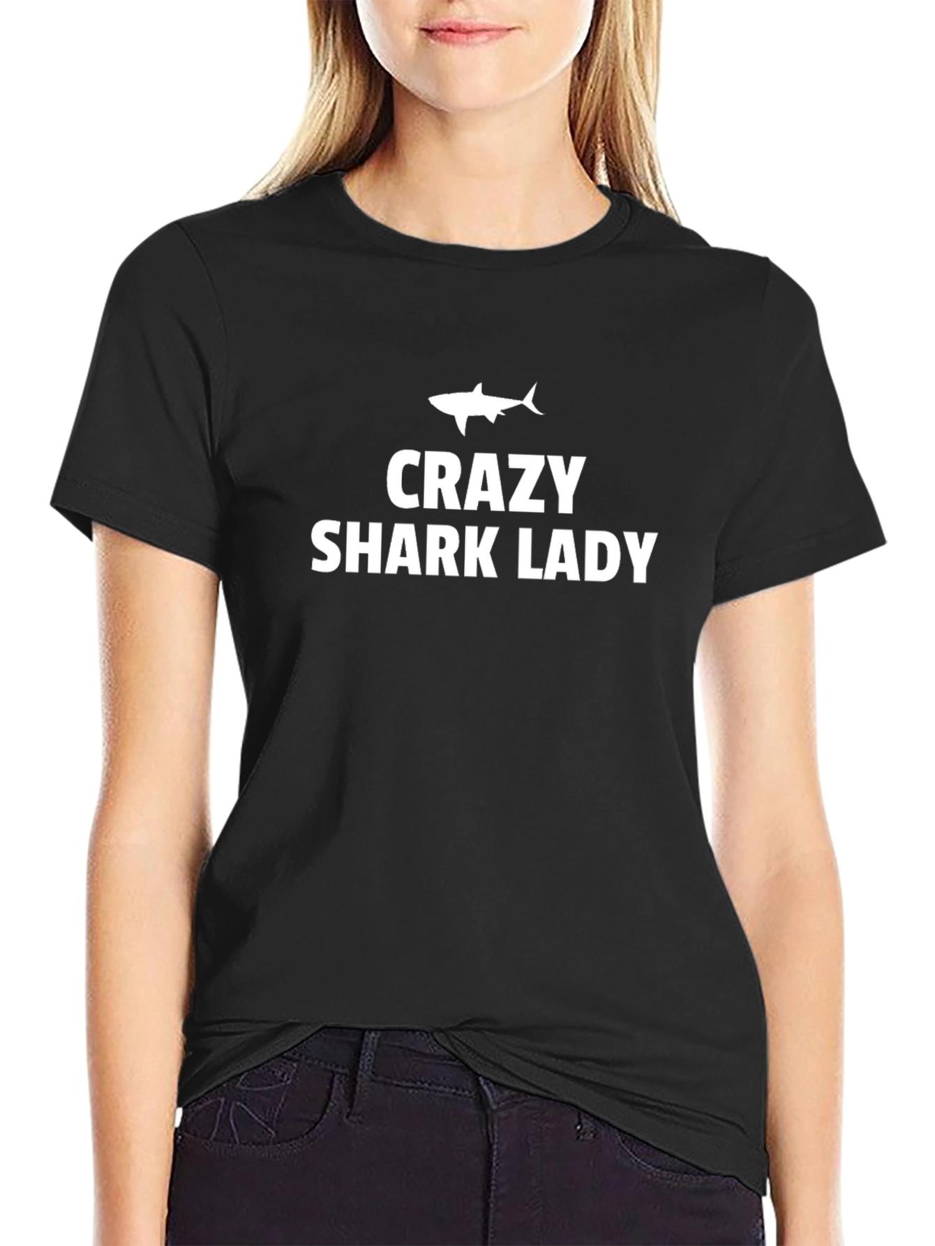 Crazy Shark Lady T-Shirt - Black Crew Neck Tee