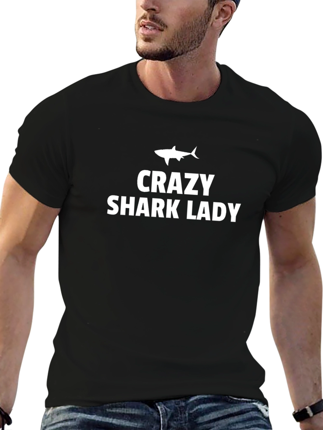 Crazy Shark Lady T-Shirt - Black Crew Neck Tee