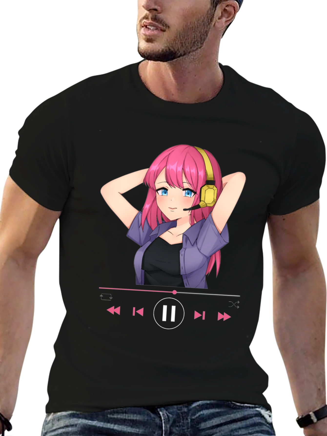 Anime Girl Music Player Graphic Tee - Black T-Shirt