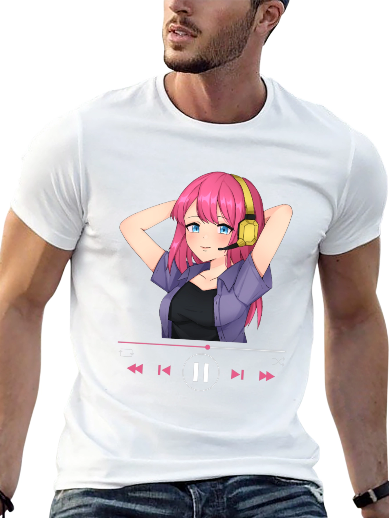 Anime Girl Music Player Graphic Tee - Black T-Shirt
