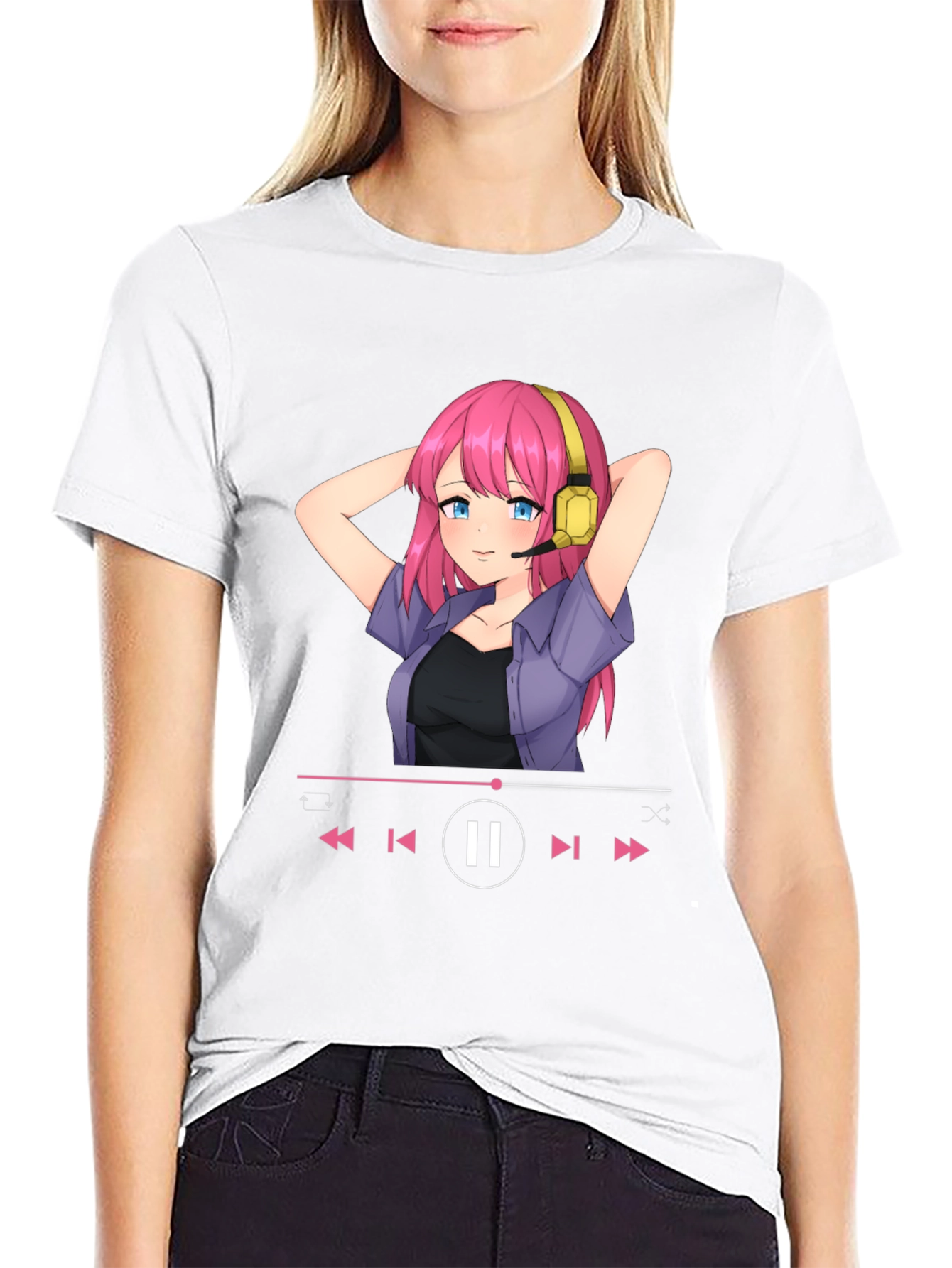 Anime Girl Music Player Graphic Tee - Black T-Shirt