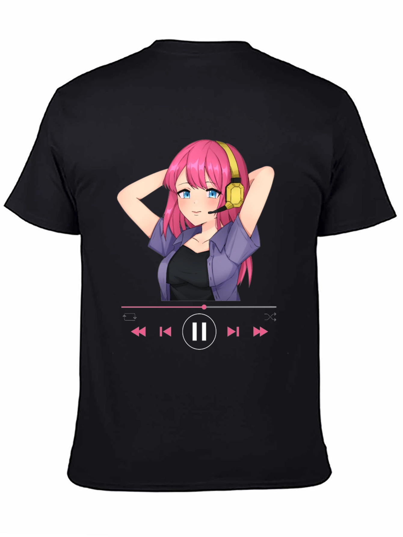 Anime Girl Music Player Graphic Tee - Black T-Shirt