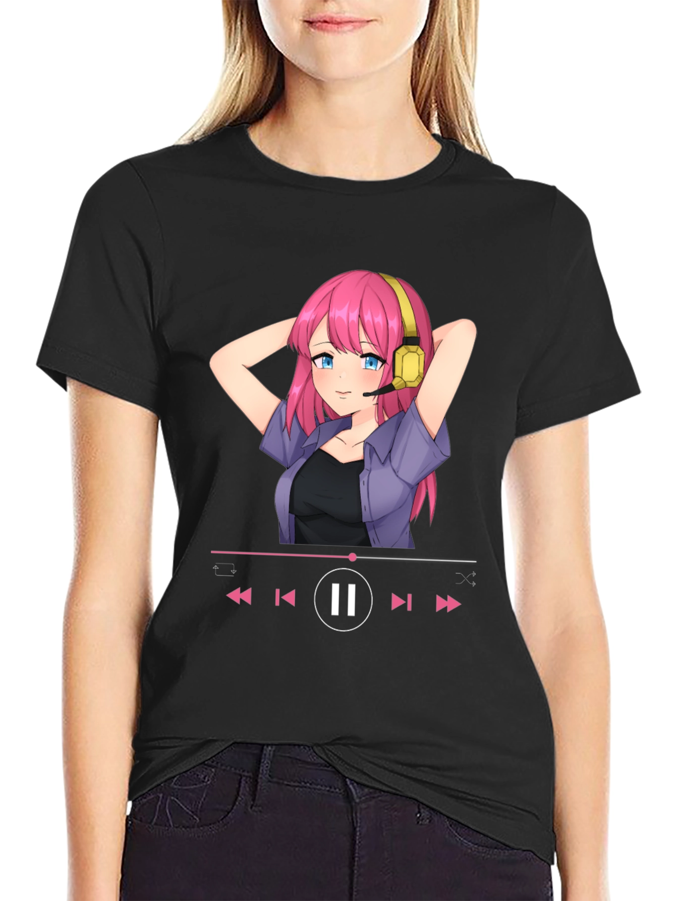 Anime Girl Music Player Graphic Tee - Black T-Shirt