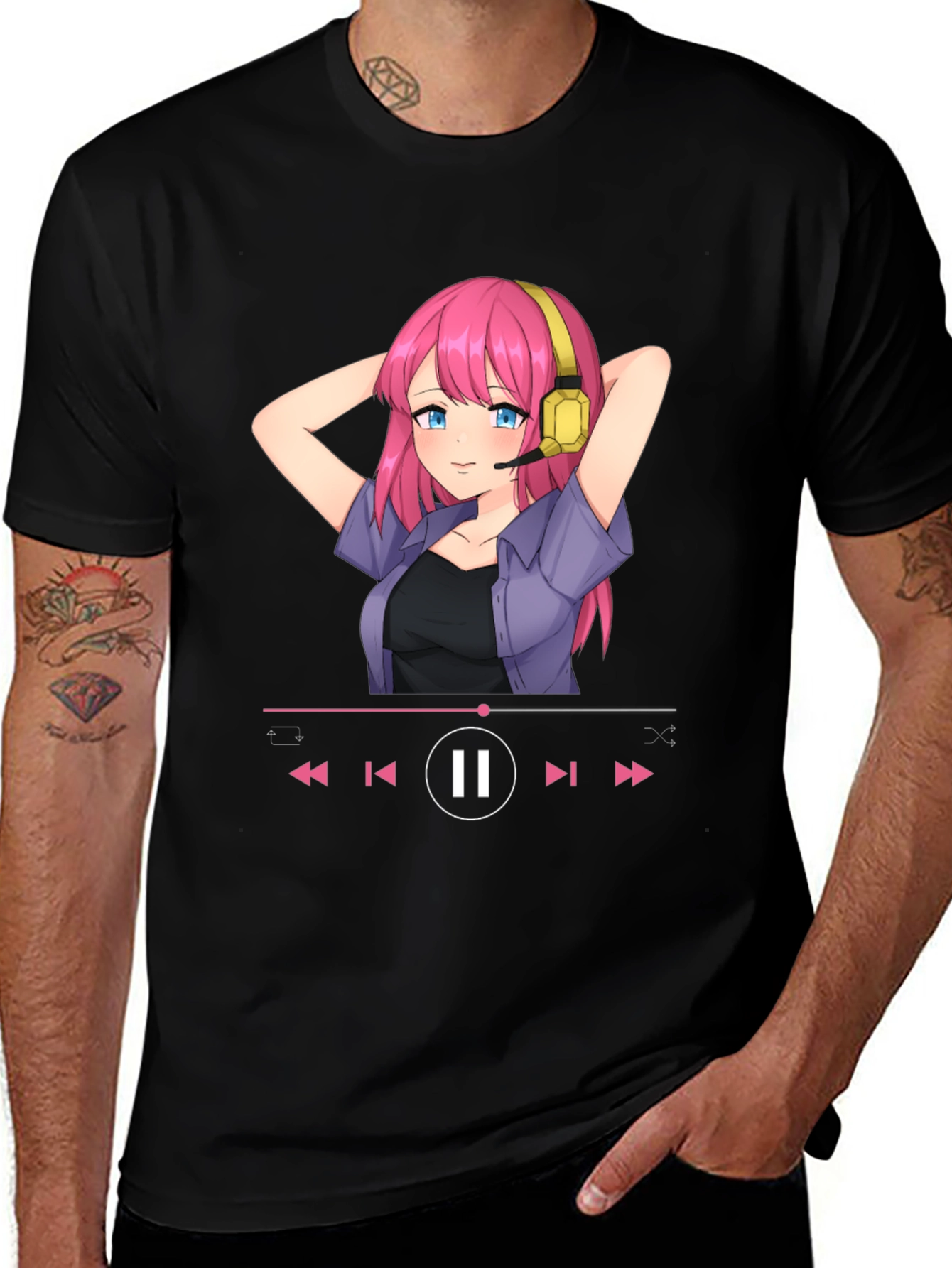 Anime Girl Music Player Graphic Tee - Black T-Shirt