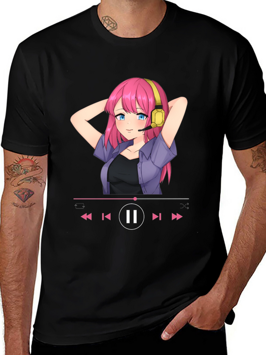 Anime Girl Music Player Graphic Tee - Black T-Shirt