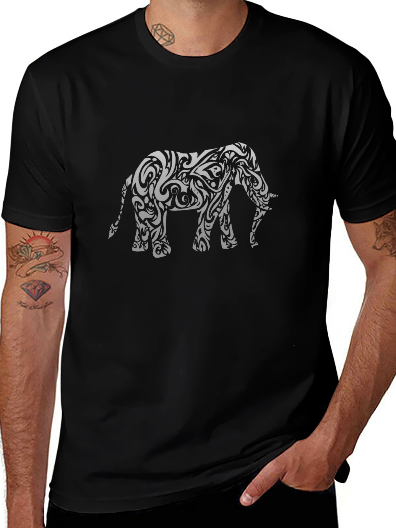 Tribal Elephant Graphic Black T-Shirt
