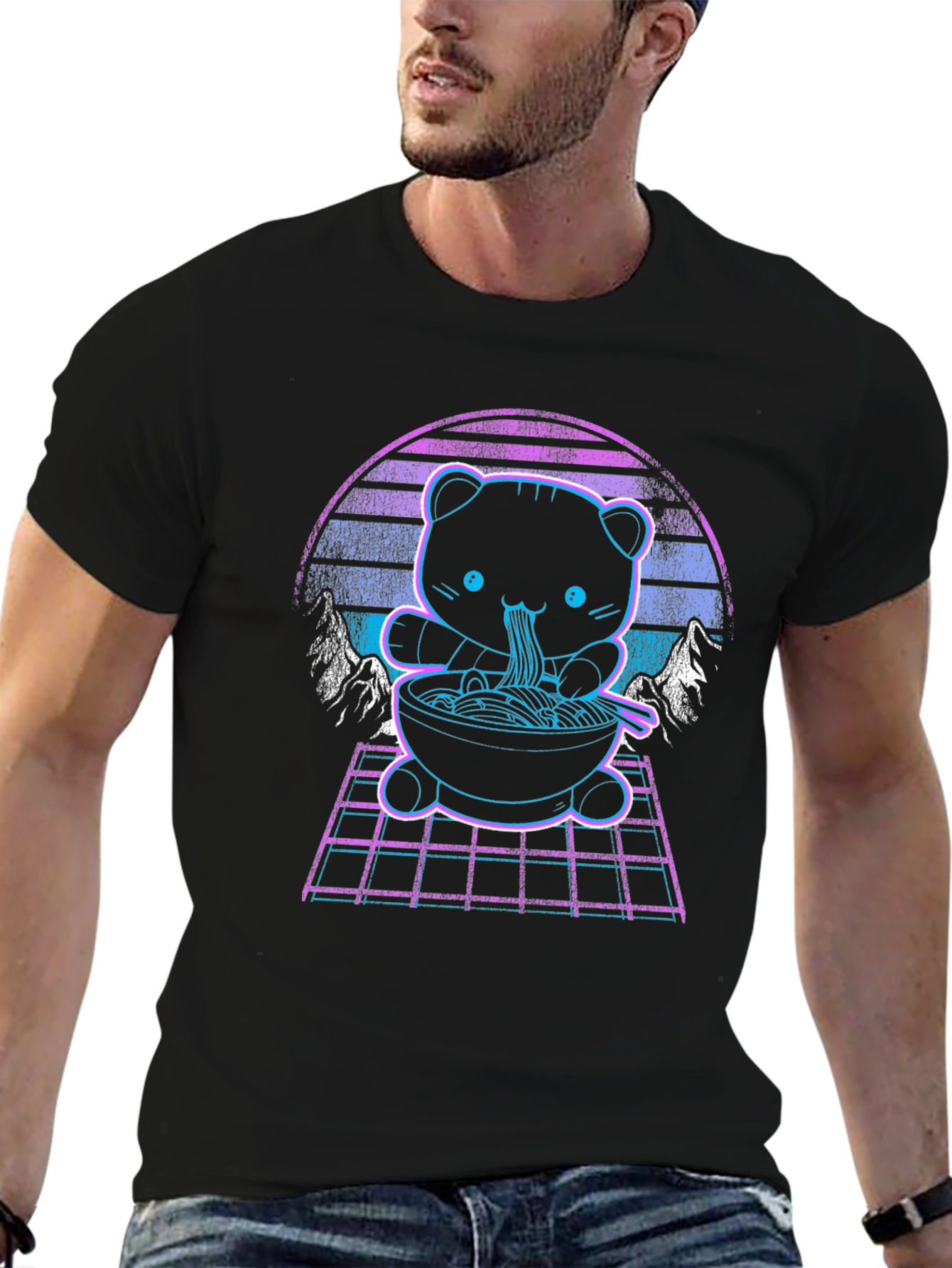 Neon Ramen Bear Graphic T-Shirt