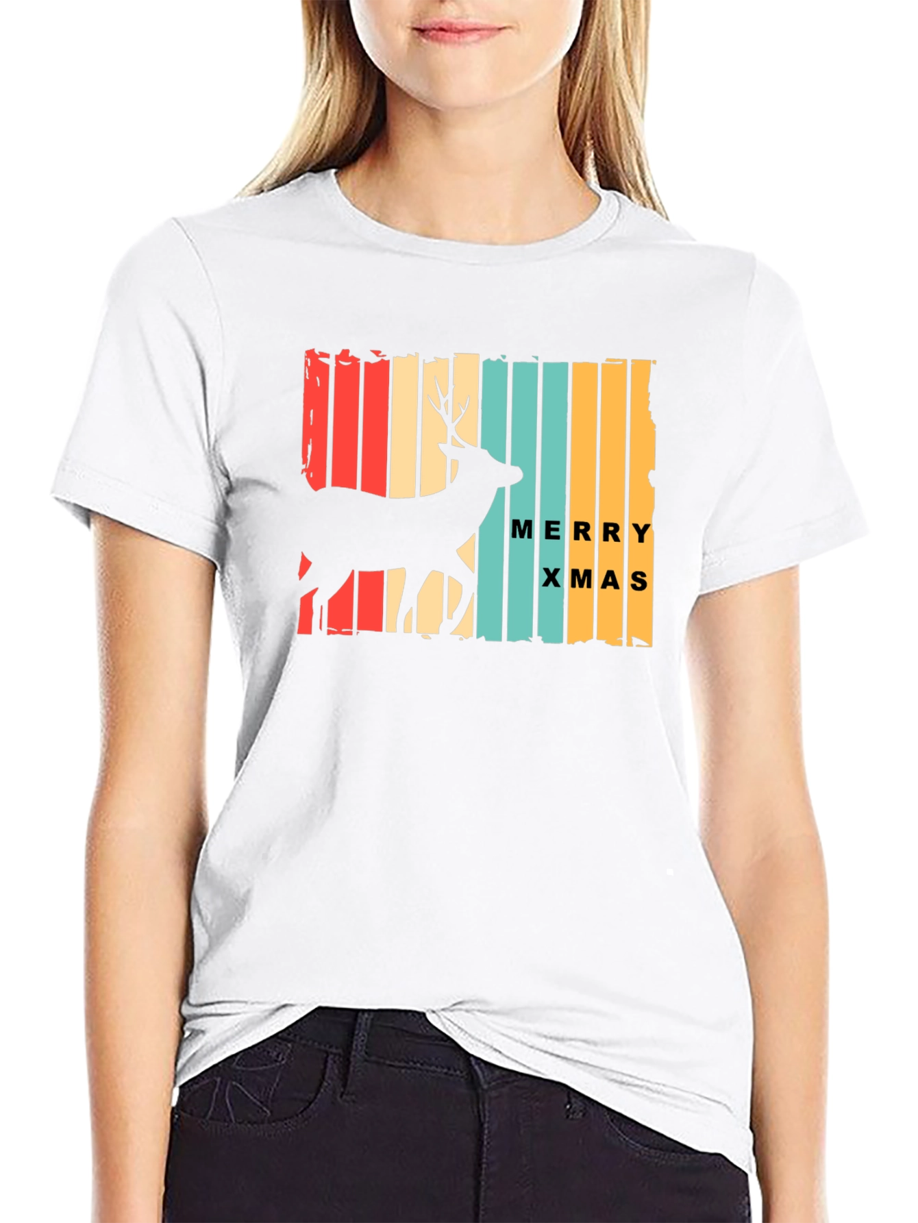Retro Merry Xmas Deer Graphic T-Shirt
