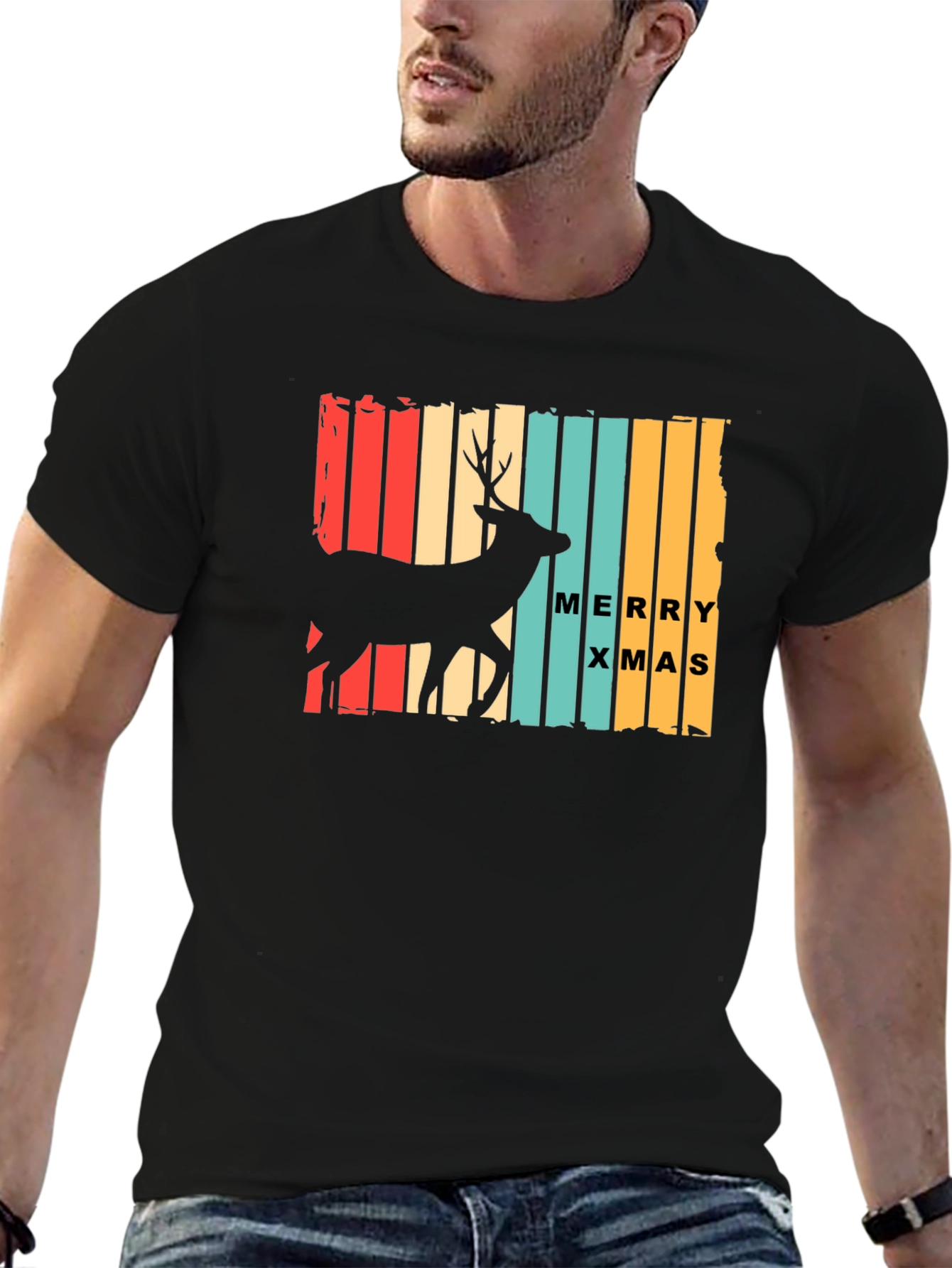 Retro Merry Xmas Deer Graphic T-Shirt