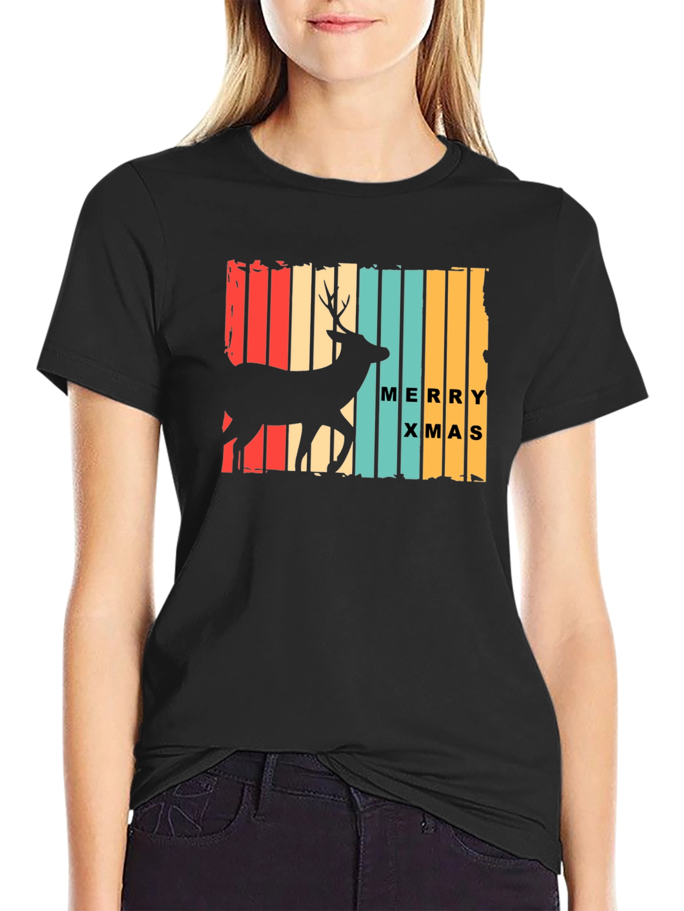 Retro Merry Xmas Deer Graphic T-Shirt