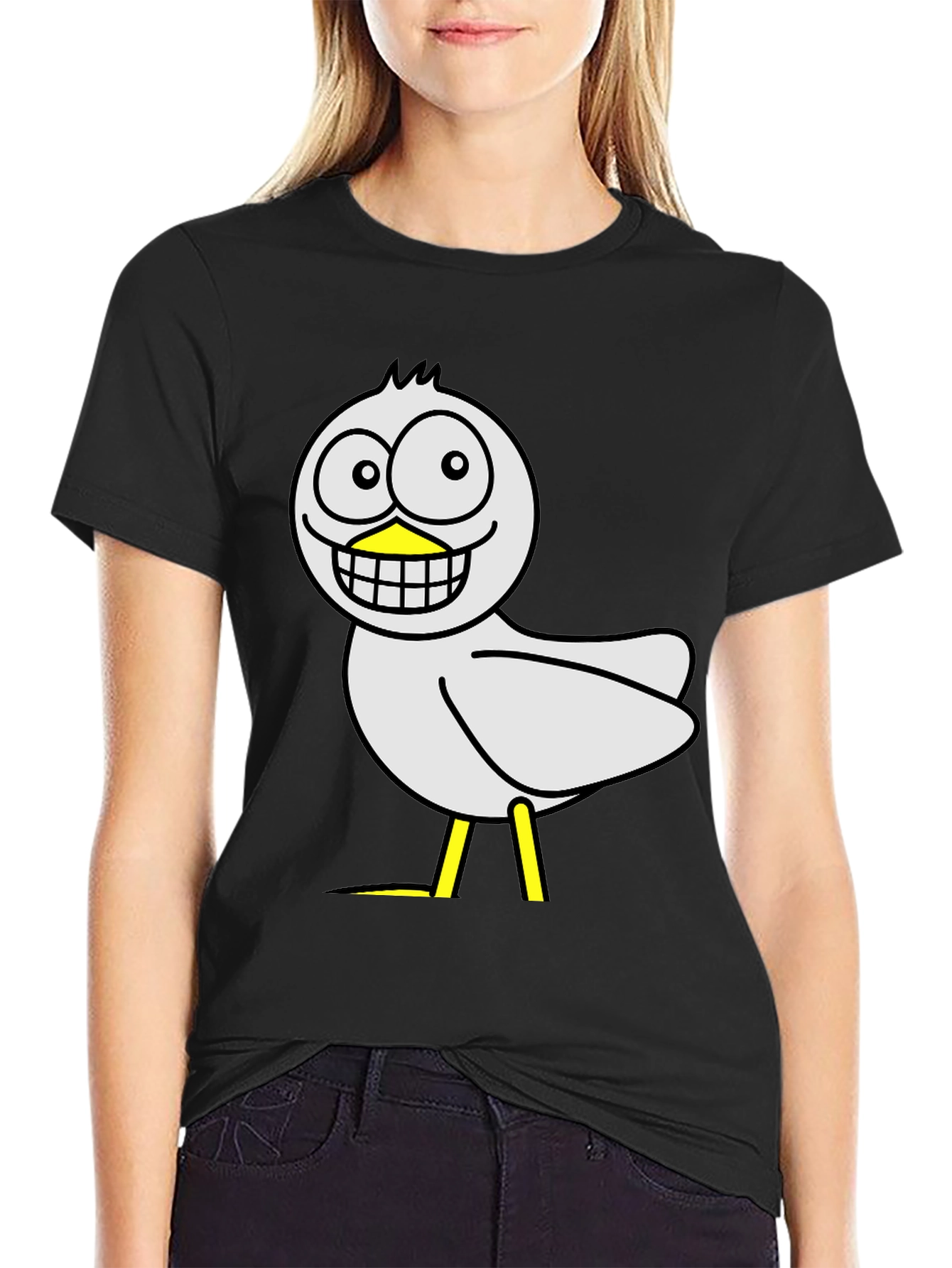 Funny Cartoon Bird Graphic Black T-Shirt